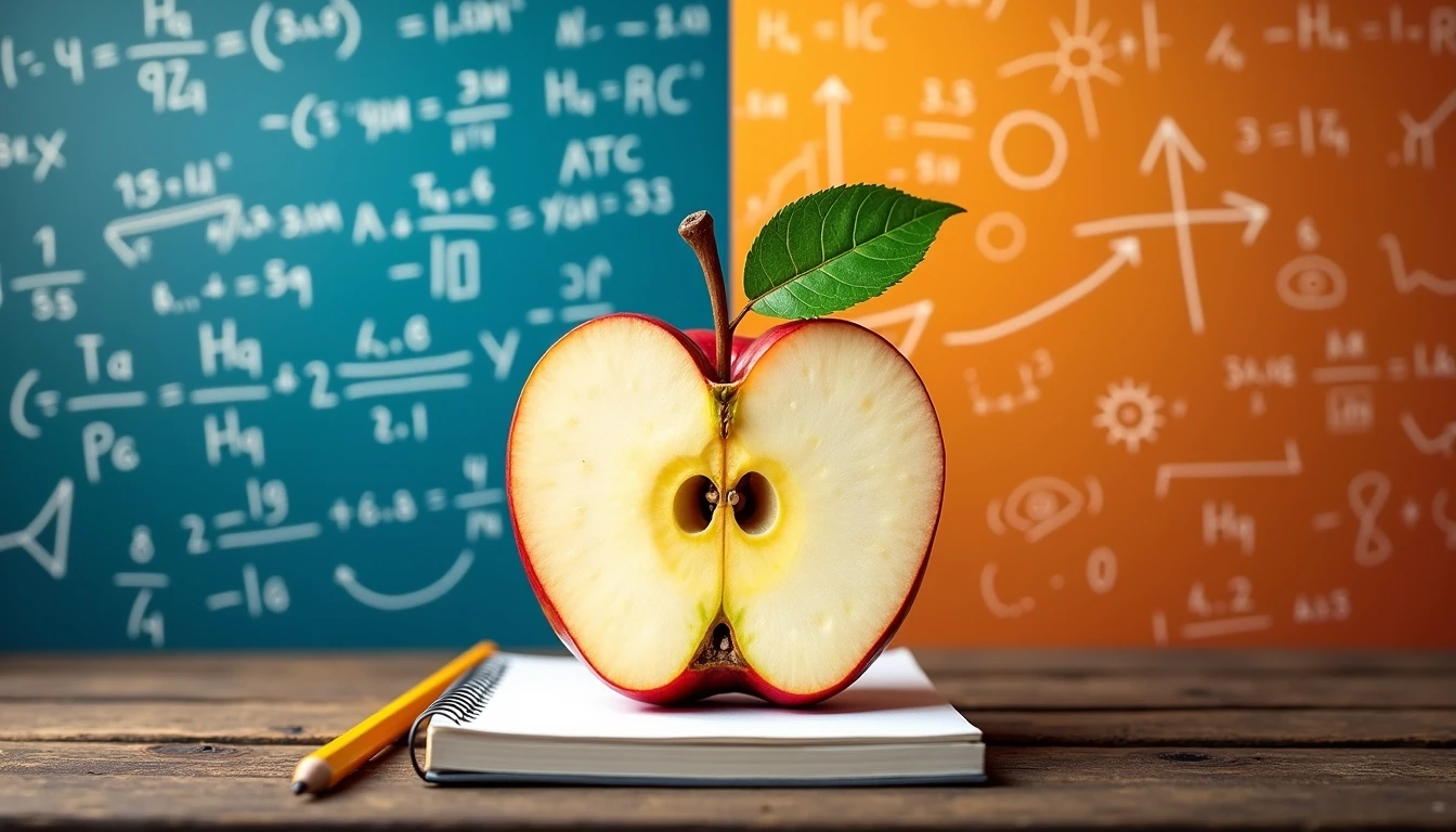 Create an image featuring a half apple and half pear design, with a vibrant green leaf on top. The background should be divided into two sections: one side displaying mathematical equations and graphs in bright blue chalk, and the other side filled with organic shapes and swirls in warm orange hues. The bottom should have a rustic wooden surface with a notepad and a pencil placed beside the fruit.