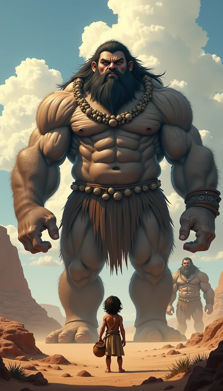 Create an image featuring a group of towering, muscular giants with ridged skin standing in an arid landscape under a dramatic sky. They should have fierce scowls and wear simple tribal accessories, like necklaces made of large, unusual stones. In front of them, depict a small, brave child sized character wearing a tattered tunic and holding a simple, handmade pouch. The scene should convey a sense of confrontation and awe, emphasizing the size difference between the giants and the child.