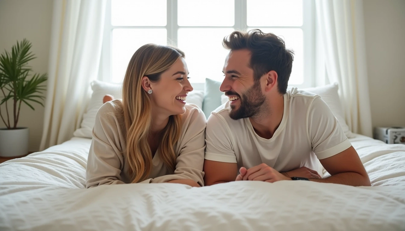 Create an intimate scene featuring a couple lying on a bed, sharing a joyful moment. They should be laughing and looking at each other with affection. The setting is a bright, airy room with soft, neutral-colored walls and a large window allowing natural light to fill the space.
Instead of a noticeable brand label, use simple, elegant bedding with a light geometric pattern. The woman should wear a comfortable, loose-fitting top, and the man should be in a casual t-shirt. Adjust their poses so they are playfully interacting, perhaps with the woman playfully pushing the man away. Add a few decorative pillows in the background for a cozy touch.