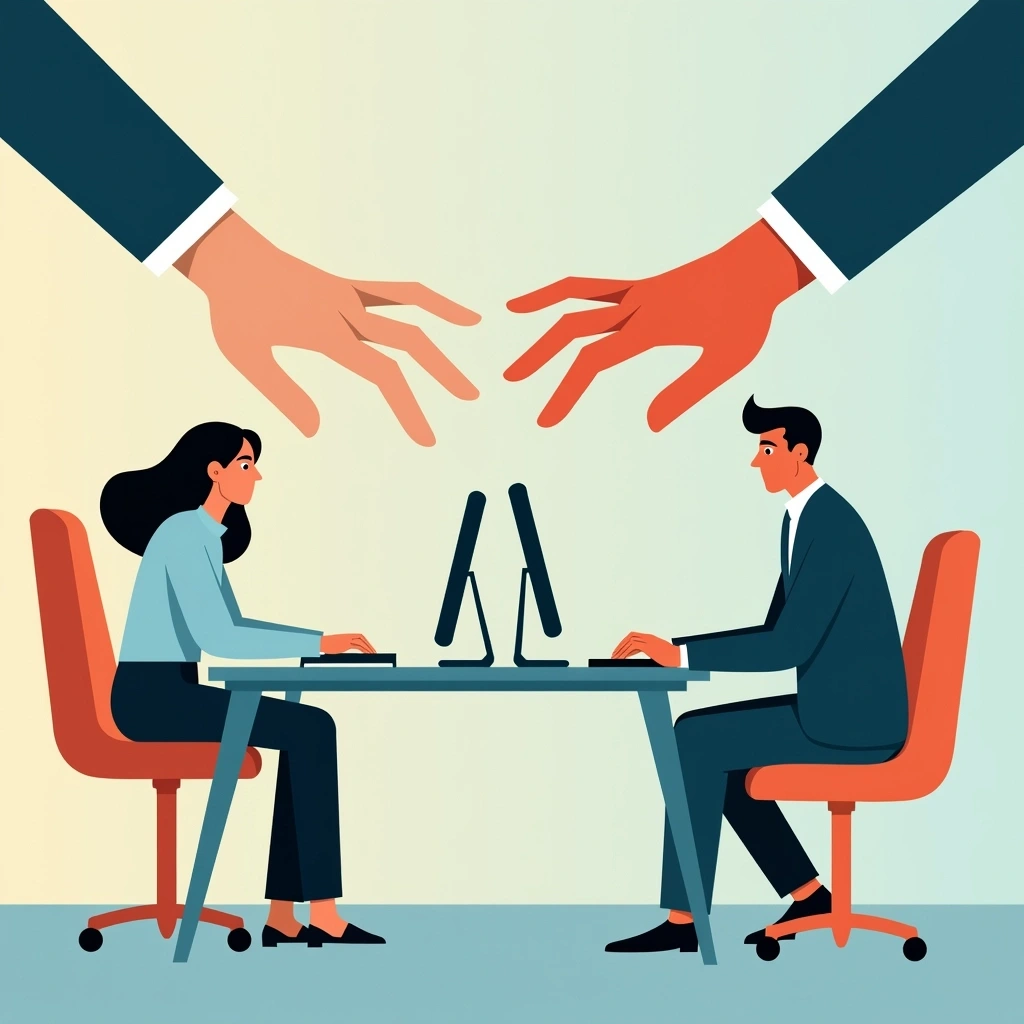Create an illustration featuring a pair of hands controlling two individuals at their desks, emphasizing the concept of manipulation or control in a workplace setting.
1. **Characters**: Replace the male and female figures with two gender-neutral characters.
2. **Environment**: Change the office background color to a calm blue gradient instead of a beige tone.
3. **Desk Setup**: Modify the laptop and desktop designs into abstract shapes that suggest technology without specific branding.
4. **Attire**: Dress the characters in casual, modern clothing instead of formal business attire.
5. **Hands Setup**: Alter the hands to look more abstract and artistic, suggesting movement rather than direct grasping.
6. **Emotion**: Add elements that convey a sense of empowerment for the characters, perhaps by showing them engaged in interactive activities at their desks.