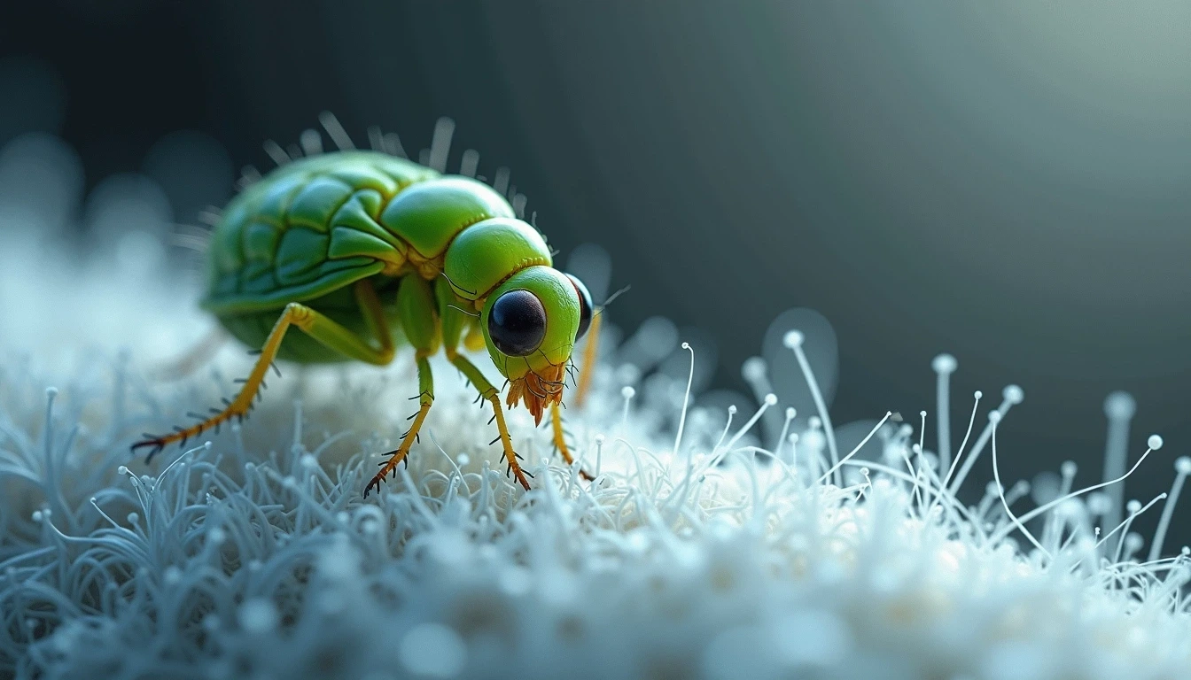 Design a detailed close-up image of a small flea-infested area. The flea should be nestled among fibers and altered to have a vibrant green hue and elongated body shape. The fibers, representing the infested area, should be depicted in shades of white and light blue. Maintain a high level of detail to showcase the texture of both the flea and the fibers. The background should be a subtle gradient transitioning from deep grey at the bottom to soft silver at the top, creating a mysterious and slightly ethereal atmosphere.
