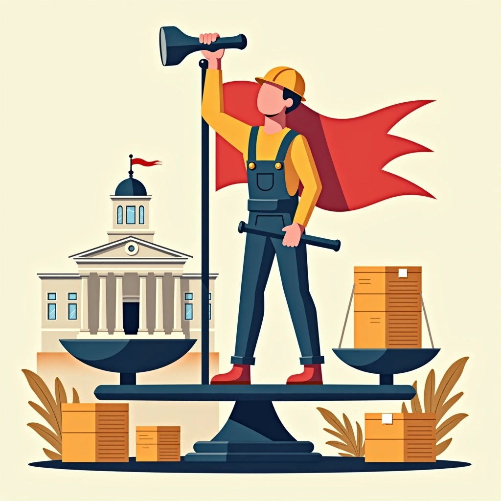 Create an illustration featuring a construction worker holding a hammer while standing on a balanced scale. Replace the national flag with a colorful abstract design and include an ornate building resembling a courthouse, but without any specific architectural details. Instead of books with text, depict stacks of plain boxes. Maintain the overall theme of balance between labor and justice but ensure there are no brand references or recognizable symbols.