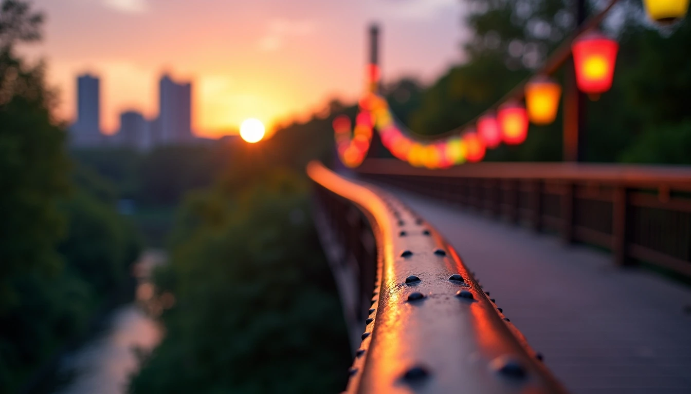 Create an image featuring a winding pedestrian bridge at sunset, with soft, warm lighting illuminating the scene. The foreground should focus on a textured metal railing with rivets, while the background showcases blurred silhouette-like structures resembling city buildings. Replace the twinkling lights with abstract, colorful lanterns strung along the bridge, and ensure the bridge is encased in an enchanting natural setting, perhaps with greenery visible on either side.