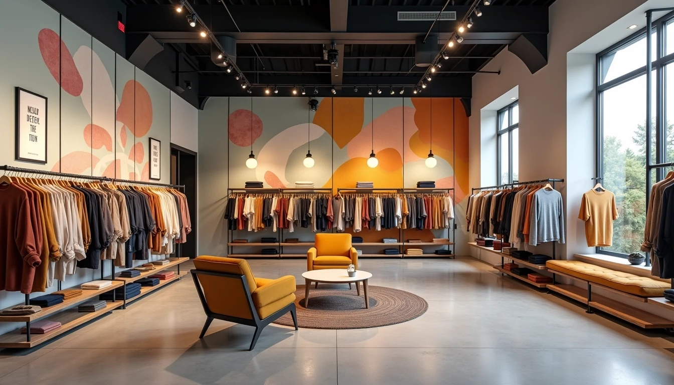 **Design Breakdown Prompt:**
1. **Setting:** A spacious, well-lit retail space with high ceilings and concrete flooring.
2. **Clothing Racks:** Replace clothing racks with wooden shelves displaying folded garments neatly arranged, emphasizing a cozy, boutique feel.
3. **Color Palette:** Use warmer tones for the clothing, such as earthy colors (browns, mustards) and muted pastels instead of the bright hues highlighted.
4. **Background Elements:** Add a large, colorful mural on one wall featuring abstract designs and patterns, shifting focus while maintaining a modern vibe.
5. **Lighting:** Incorporate soft pendant lights hanging at different heights to create a more inviting atmosphere.
6. **Additional Features:** Introduce a seating area with a couple of cozy chairs and a small coffee table in the corner, encouraging customers to relax.
7. **Signage:** Use simple, stylish signage with hand-lettered text to display clothing sections, avoiding any brand references.
This prompt retains the essence of the original image while presenting a fresh, unique design.