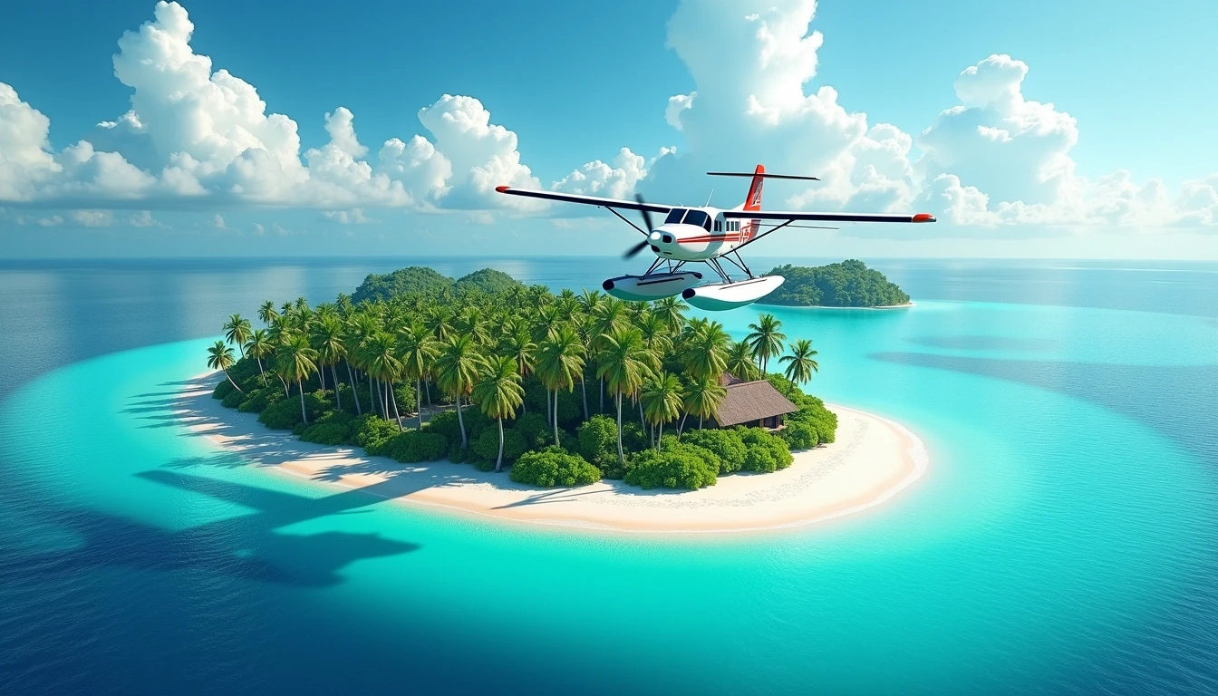 Create an image of a tropical island scene featuring a small seaplane flying above a lush, green island surrounded by turquoise waters. The island should have soft sandy beaches, swaying palm trees, and vibrant tropical vegetation. The sky should be bright blue with fluffy white clouds scattered throughout. Adjust the angle of the seaplane to show more of its underbelly, and give the island a unique shape with a winding coastline. Remove any brand-specific details.