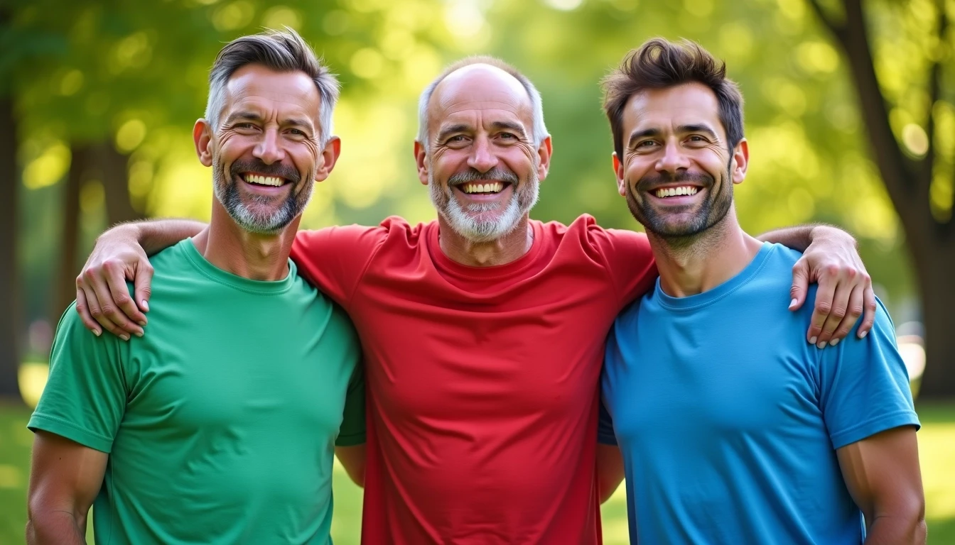 Create an image featuring three middle-aged men with diverse hairstyles, standing close together and smiling joyfully. They should wear casual, brightly colored t-shirts, with one in green, another in red, and the third in blue. The background should depict a sunny park with vibrant greenery, and they should have their arms around each other, radiating a sense of friendship and warmth.