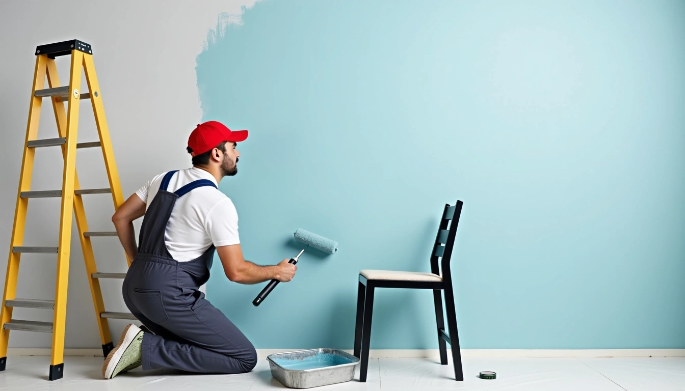 - **Subject**: A person kneeling while painting a wall.
- **Clothing**: Change the outfit to a plain light blue shirt and dark gray overalls instead of white and blue.
- **Hat**: Replace the red cap with a green beanie.
- **Action**: The person uses a paint roller to apply a light blue color on the wall instead of white.
- **Background**: The wall should be light gray instead of the existing color.
- **Tools**: Use a large tray for paint that has a textured finish, and a brush placed next to the tray.
- **Ladder**: Introduce a wider, wooden ladder instead of a metallic one.
- **Furniture**: Change the yellow chair to a simple black chair covered in a cloth instead of plastic wrap.