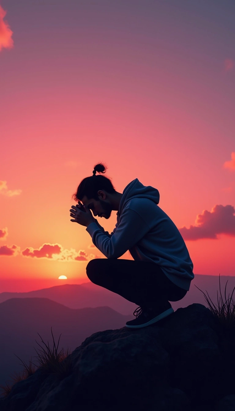 Create an image featuring a person in silhouette sitting on a rock, with their head lowered and hands clasped together. Change the setting to a vibrant sunset with shades of pink and purple, instead of orange, and add wispy clouds in the sky. The person should be wearing a hoodie, but without any visible logos or brand names. Ensure the landscape in the background features rolling hills rather than a flat horizon.
