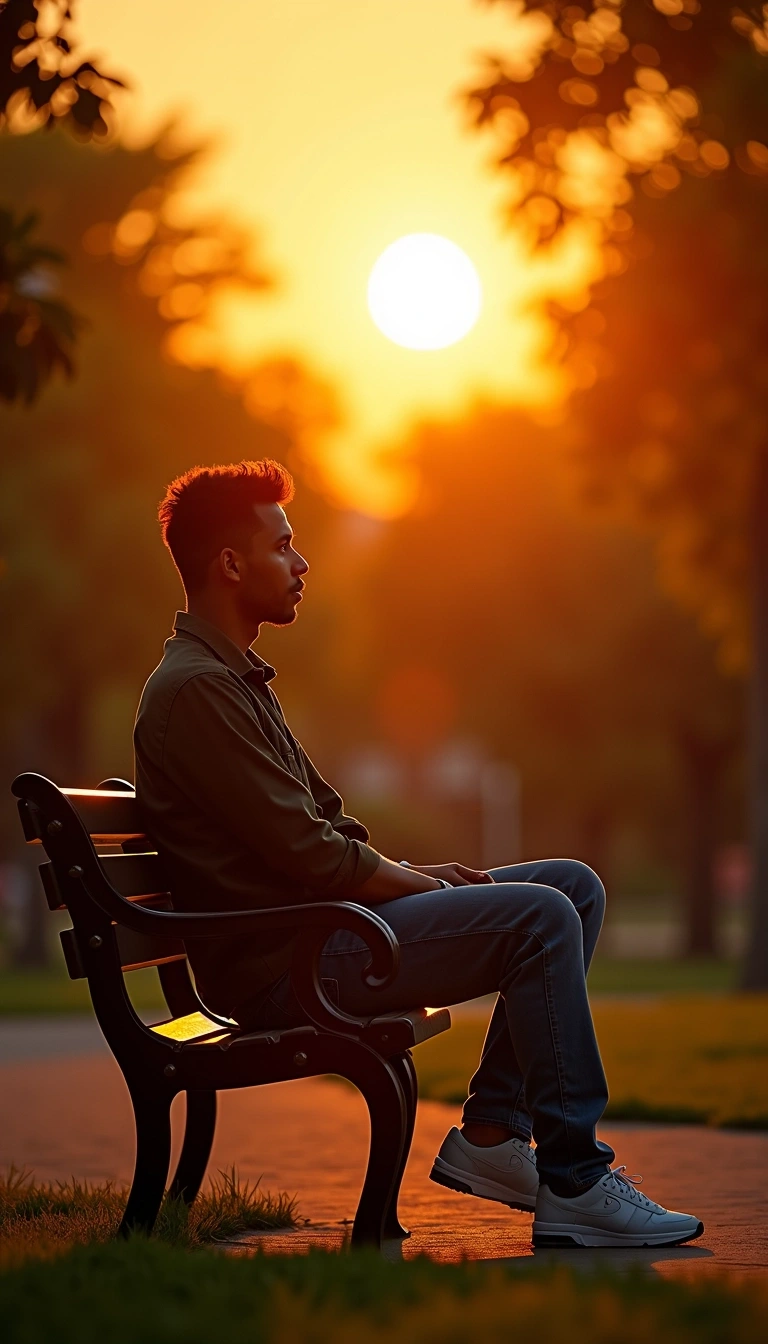Create an image of a person sitting on a park bench at sunset, but instead of a silhouette against a bright sun, show them in a relaxed pose, looking contemplative, with gentle golden light illuminating their features. Change the scenery to a lush park with trees in the background. The person should be casually dressed and appear serene rather than distressed, reflecting a moment of tranquility rather than struggle. Remove any identifiable brand elements from the bench or clothing.