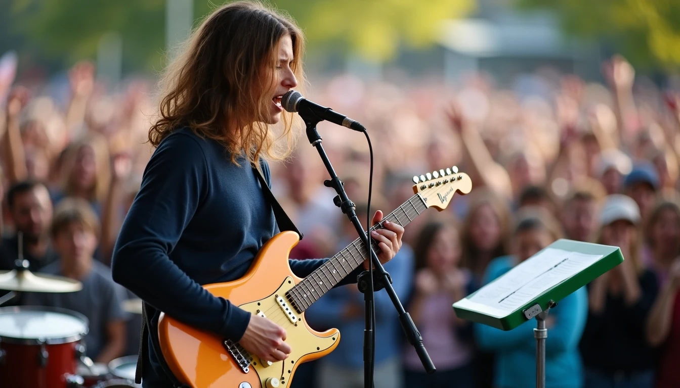 Create an image of a musician performing on stage at a lively outdoor concert. The artist has long, wavy hair and wears a dark blue sweater. They are singing into a microphone while playing a light orange electric guitar. In the background, there are blurred silhouettes of an enthusiastic audience. On the side, a simple drum set and a green music stand with notes can be seen. Remove any brand names and logos for a generic look.
