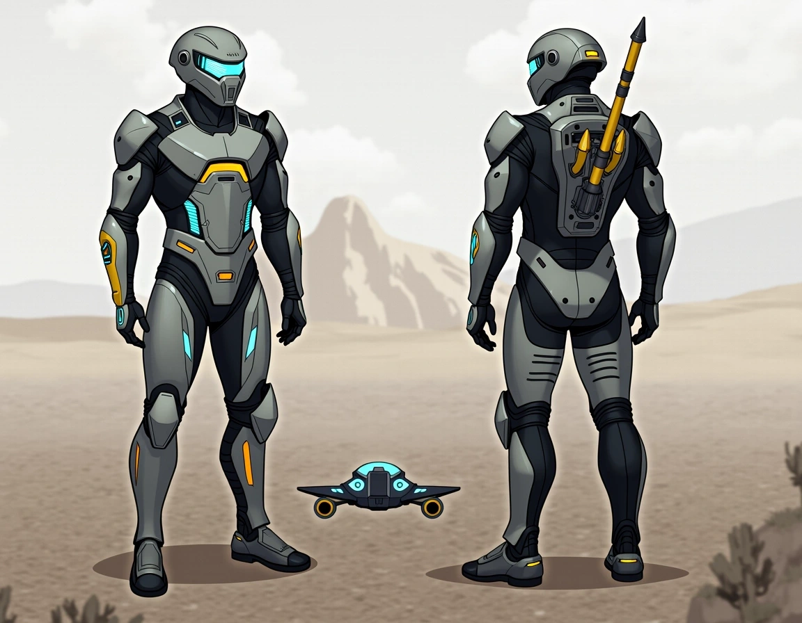 **Reimagined Design Prompt:**
Create a futuristic armored soldier with a smooth, metallic helmet in a matte grey finish. Instead of a visor, use a transparent face shield with a digital display for data readouts. The armor should feature an angular, modular design with bright blue accents instead of yellow.
Instead of a familiar rocket launcher, add a sleek, compact drone docking station on the back, which can deploy small reconnaissance drones. Replace any insignias with geometric patterns or abstract designs that indicate unit affiliation. The background should reflect a barren, alien landscape, enhancing the soldier's high-tech appearance.