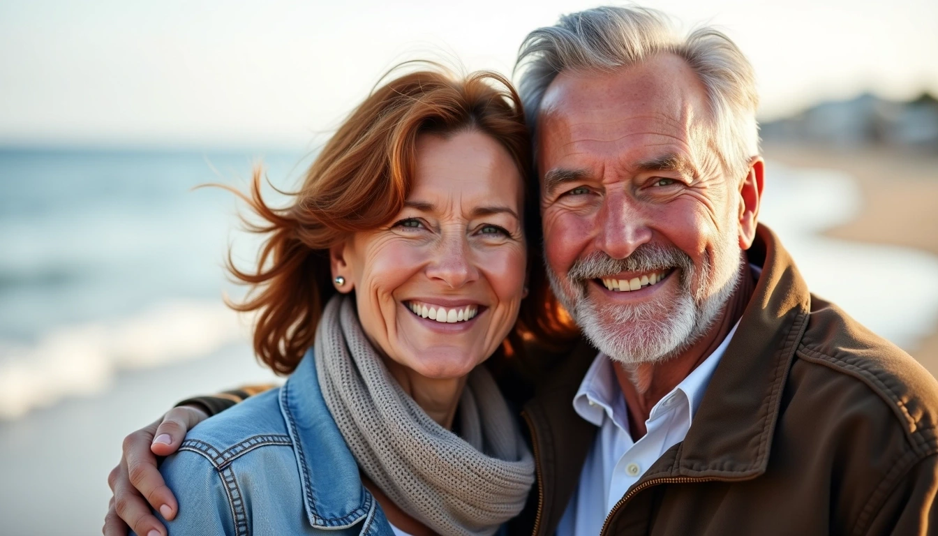 Create an image featuring an older couple smiling and embracing each other on a beach. The woman should have shoulder-length auburn hair and wear a light blue denim jacket with a scarf. The man should have gray hair, wearing a dark brown jacket over a white shirt. The background should show a blurred seaside landscape with soft waves and a clear sky, capturing a warm, joyful atmosphere. No brand references should be included.