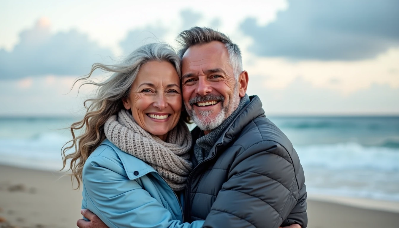 Design an image featuring a joyful older couple embracing each other on a beach. The woman has long, wavy gray hair and is wearing a light blue jacket with a cozy scarf. The man has short, neatly styled hair and is dressed in a dark jacket. They are both smiling, looking at the camera, with a soft-focus background of the ocean and fluffy clouds, conveying a warm and loving atmosphere. Remove any brand references or specific logos.