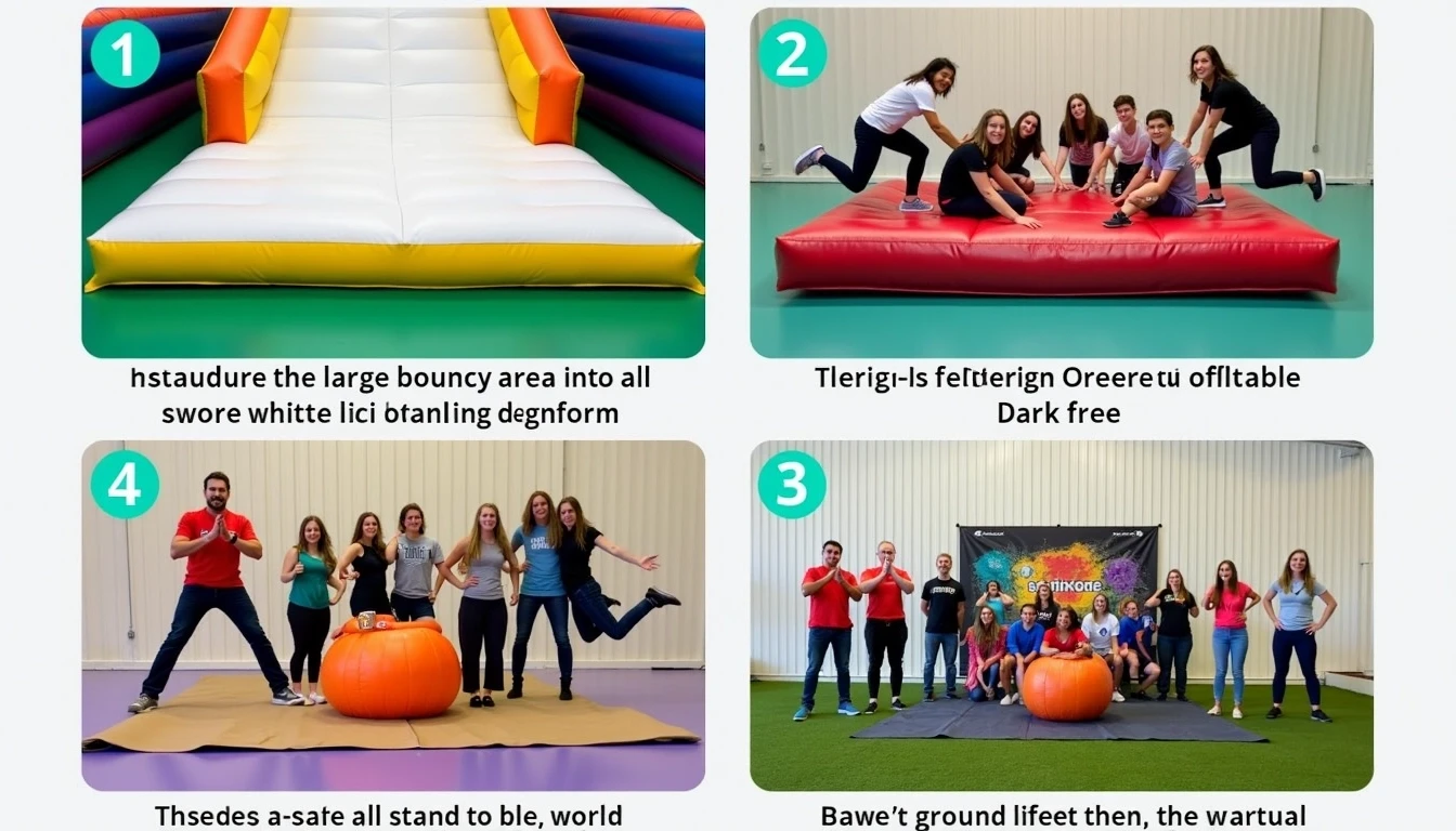 Design Breakdown:
- Structure: Replace the large white bouncy area with a vibrant yellow inflatable platform.
- Color Scheme: Change the surrounding colors from green, purple, and blue to bright orange, teal, and dark red.
- Background: Instead of a plain metal wall, use a colorful banner or backdrop with abstract designs.
- Ground Surface: Swap the tan mat with a grass-like surface for a more natural look.
- Group Pose: Have the group positioned differently; instead of all standing, have them interact playfully with the new structure, such as jumping or posing with exaggerated expressions.
Adjust these features while ensuring the overall theme of fun and excitement is maintained.