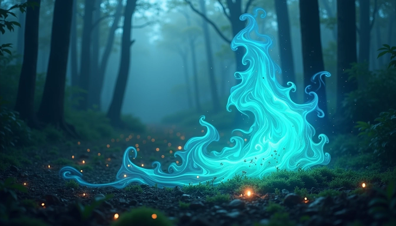 Create an image depicting a vibrant swirl of blue and green flames rising from the ground against a backdrop of a misty forest. The light from the flames should cast a soft glow on nearby trees, enhancing the ethereal atmosphere. Additionally, add small sparks and glowing embers floating in the air to provide a dynamic feel, while ensuring the color palette emphasizes the cool tones of blue and green.