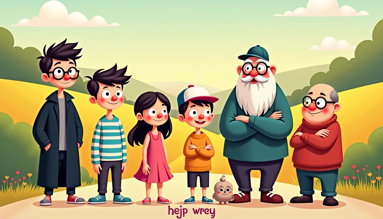 Design a colorful group illustration featuring six cartoon characters standing together in a vibrant, outdoor setting. The characters should vary in appearance:
1. One character wearing a long black coat and glasses with an expression of curiosity.
2. Another character with short, spiky hair and a cheerful smile, wearing a blue and white striped shirt.
3. A girl with long hair tied in a ponytail, wearing a pink dress and a friendly smile.
4. A character with round glasses, a baseball cap, and an oversized sweater, looking playful.
5. Another character with a wise demeanor, dressed in traditional attire, arms crossed, and smiling gently.
6. A small, round character resembling a stuffed toy, with big eyes, wearing a cheerful expression.
Add a whimsical title at the bottom in a playful font, and ensure the background features rolling hills and trees, creating a cheerful atmosphere.