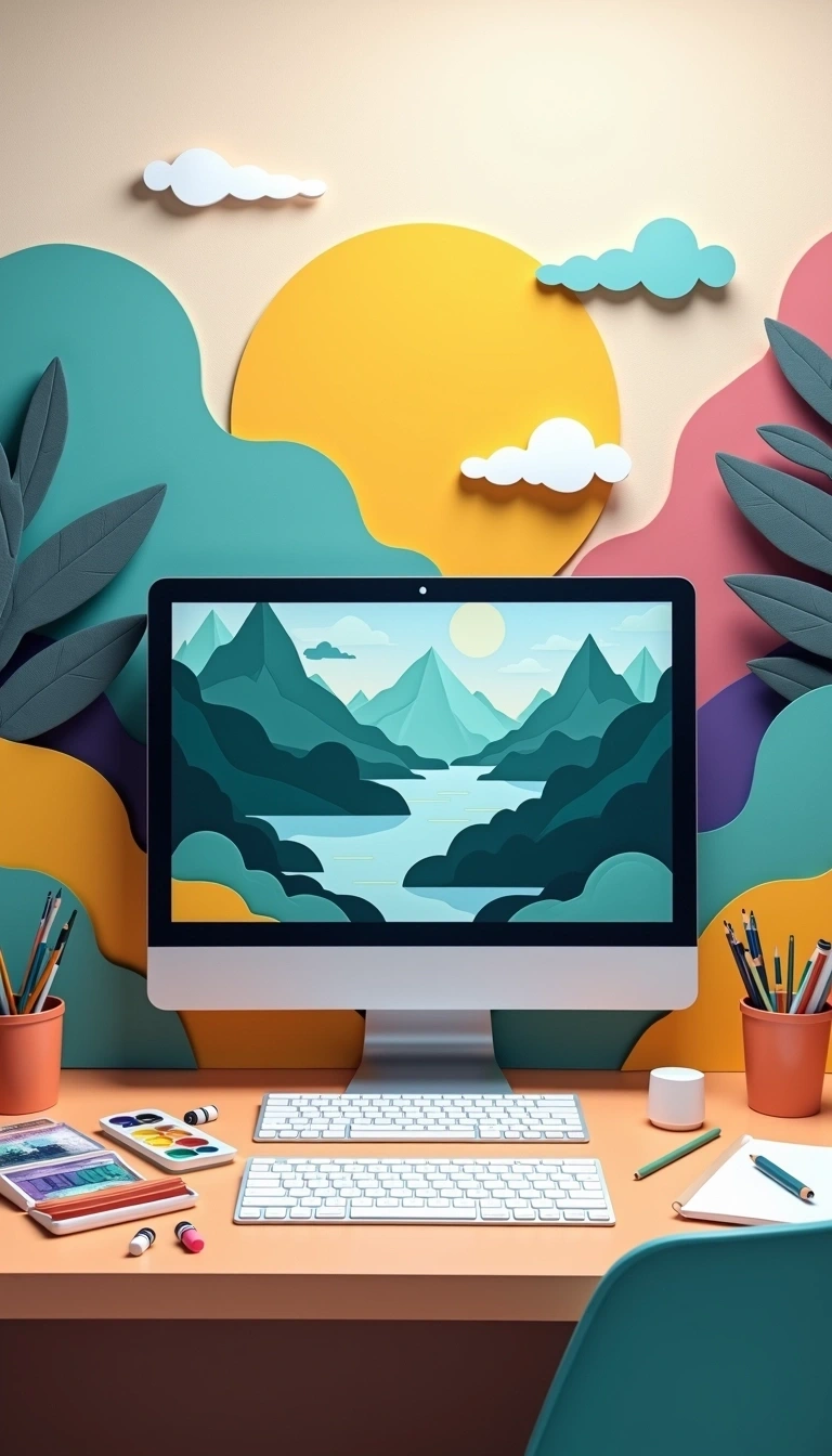 Design a visually striking paper collage style digital workspace scene. Feature a large monitor that displays a serene mountain landscape under a bright sun. Surround the monitor with playful, abstract shapes that resemble waves and clouds in a color palette of teal, yellow, and purple. Arrange art supplies like sketchbooks, colored pencils, paint tubes, and palettes on the desk. Replace the traditional keyboard with a sleek, minimalist version. Enhance the creative atmosphere with abstract decorations such as stylized trees and geometric shapes. Use a soft, gradient background to provide depth to the overall scene.