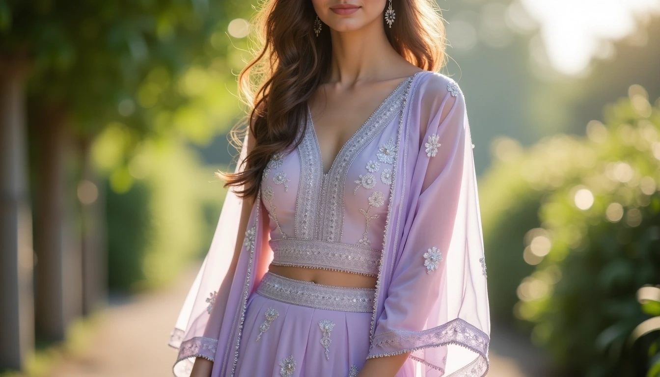 Design a light, flowing outfit featuring a sheer fabric in a soft lavender color. The outfit has delicate silver geometric patterns instead of floral designs. The silhouette is traditional but with a modern touch, including a cropped overlay instead of a full-length drape. Add subtle details like small, iridescent beads along the hem. The background should reflect a serene outdoor setting with greenery and soft sunlight, creating a relaxed, elegant atmosphere.