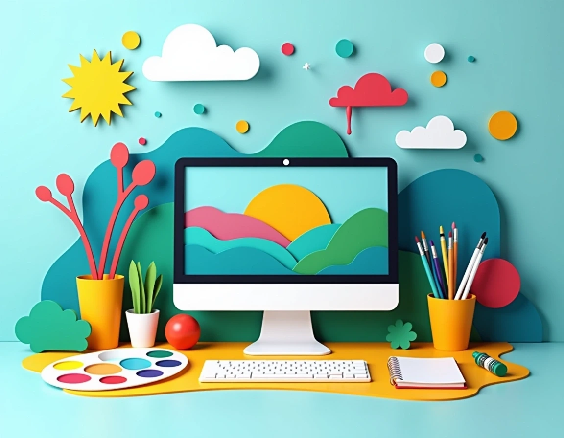 Create a visually striking paper collage style scene of an imaginative workspace. The scene should feature a desktop computer with a sleek, simple design, displaying a vibrant landscape on its screen. Surround the computer with colorful abstract elements like paint splashes, stylized clouds, and geometric shapes in shades of turquoise, yellow, and pink. The workspace should include an array of creative tools like an artist's palette with a rainbow of colors, various sketching tools, a notebook, and a few scattered paint tubes. Set all these against a light blue background to enhance the playful and dynamic feel of the design.