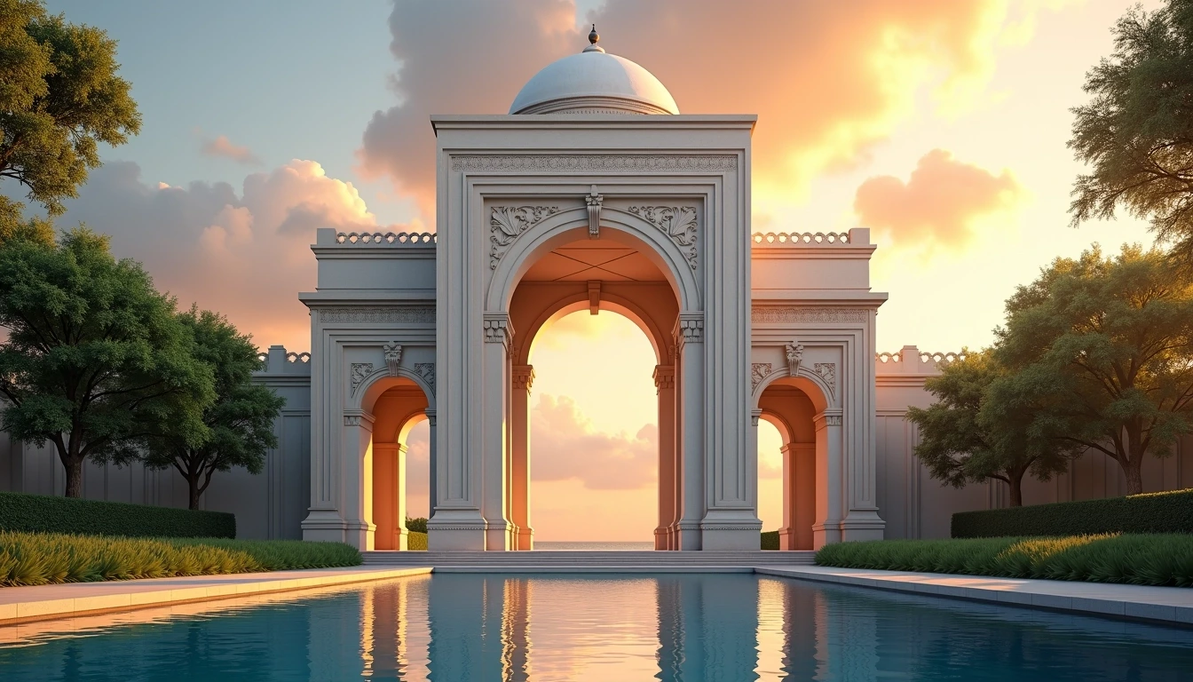 Create an image featuring a grand archway with a dome at the top, surrounded by lush greenery and a tranquil body of water in the foreground. The archway should be adorned with subtle decorative elements but without any identifiable branding or logos. Replace the classical architectural style with a modern interpretation, incorporating sleek lines and angular shapes. Change the background to reflect a sunset with warm hues, casting a golden glow on the structure. Add a few stylized clouds in the sky to enhance the atmospheric effect, and ensure the overall color palette is vibrant and inviting.