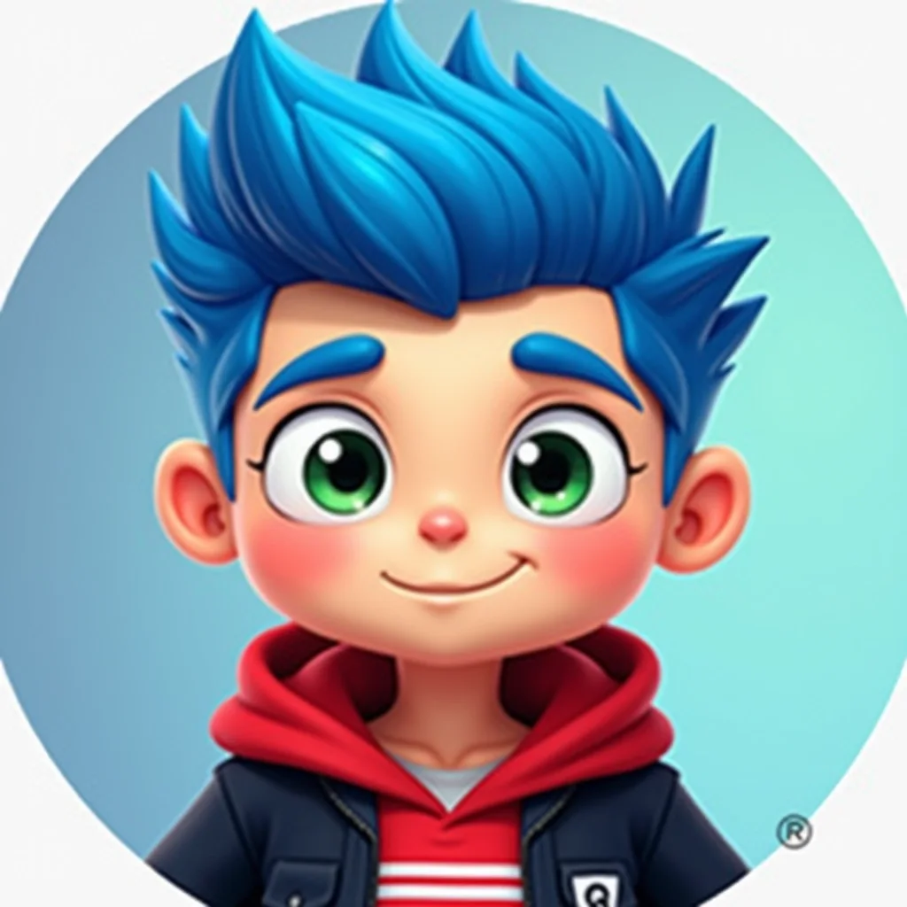Create a cartoon-style character with a round face and bright blue spiky hair. He should have a friendly expression with large, expressive green eyes. Instead of wearing a black jacket, he should wear a red hoodie with white stripes. The background should be a simple gradient transitioning from light blue to dark blue, and remove any brand logos or references. Add a thin, white circular border around the character for emphasis.