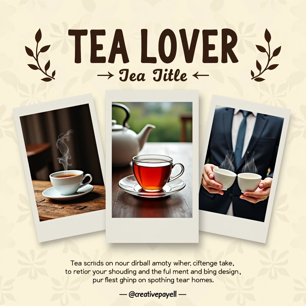 Create a design with the following elements:
1. **Main Title:** Replace "TEA ADDICT" with "TEA LOVER" in a bold, modern font to maintain the beverage theme.
2. **Image Arrangement:** Keep the three-image grid layout but modify the images to feature tea in various settings (e.g., a tea cup on a rustic table, a teapot steaming, and hands holding two teacups).
3. **Background:** Opt for a lighter background color with subtle tea-related patterns (like tea leaves or teacups) to build a calm and inviting atmosphere.
4. **Image Effects:** Swap the dark tones with soothing earth tones in the images to enhance the relaxing feeling associated with tea.
5. **Decorative Elements:** Add simple graphic elements like tea leaves or swirling steam motifs around the main title for a playful touch.
6. **Typeface Variations:** Make sure the text is more playful and casual, perhaps using a hand-lettered style for a creative touch.
7. **Signature/Handle:** Change the handle from "@creative_payell" to a generic term like "@tea.lovers" to keep it relatable and neutral.
8. **Additional Features:** Consider adding a small section below the images with a brief quote about tea to encourage engagement.
This design should maintain a similar aesthetic to the original but shift the focus to tea, providing a fresh and appealing look.