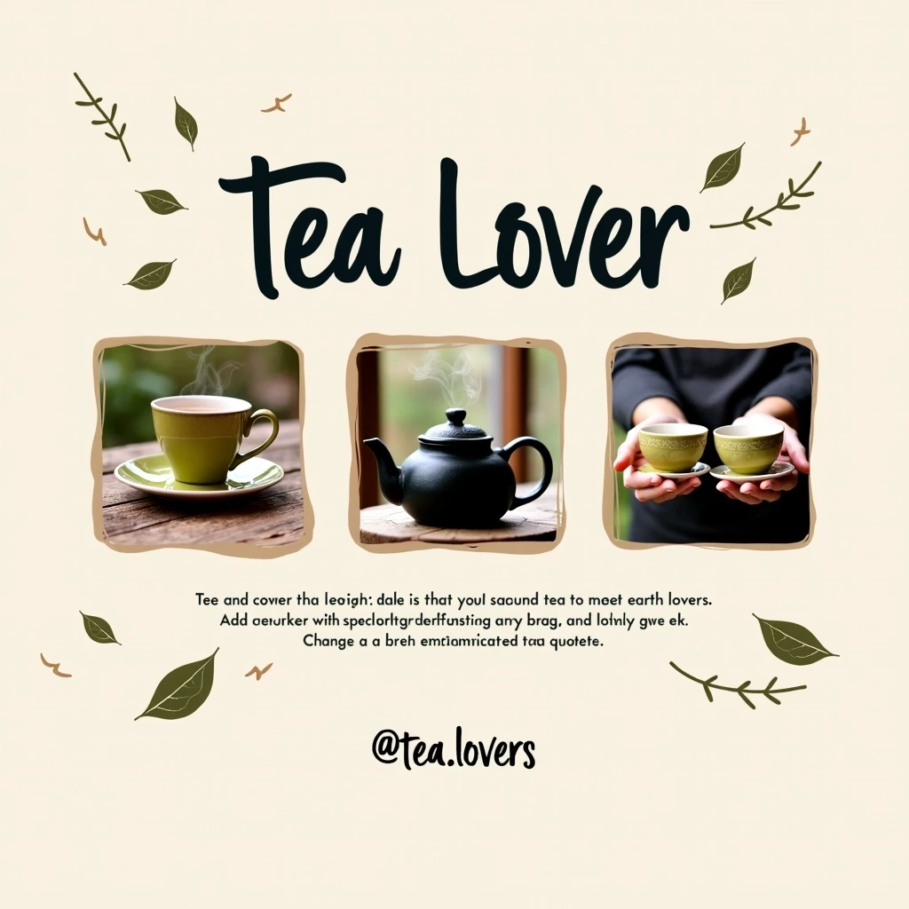 Design an image that embodies the aesthetic of a tea lover. The centerpiece should be a boldly written "TEA LOVER" in a modern font. Include a three-image grid featuring pictures of tea in various settings - a rustic table with a tea cup, a steaming teapot, and hands holding two teacups. The backdrop should be light, adorned with subtle impressions of tea leaves or teacups to create a calming ambiance. Replace darker tones in the images with soothing earth hues, to enhance the tranquility associated with tea. Add simple graphic elements such as tea leaves or swirling steam motifs around the main title for a playful touch, and use a hand-lettered style for a creative twist. Change the handle to "@tea.lovers" for a neutral, relatable vibe. Lastly, consider adding a brief, encouraging quote about tea below the images to engage viewers. This design should be fresh and appealing.
