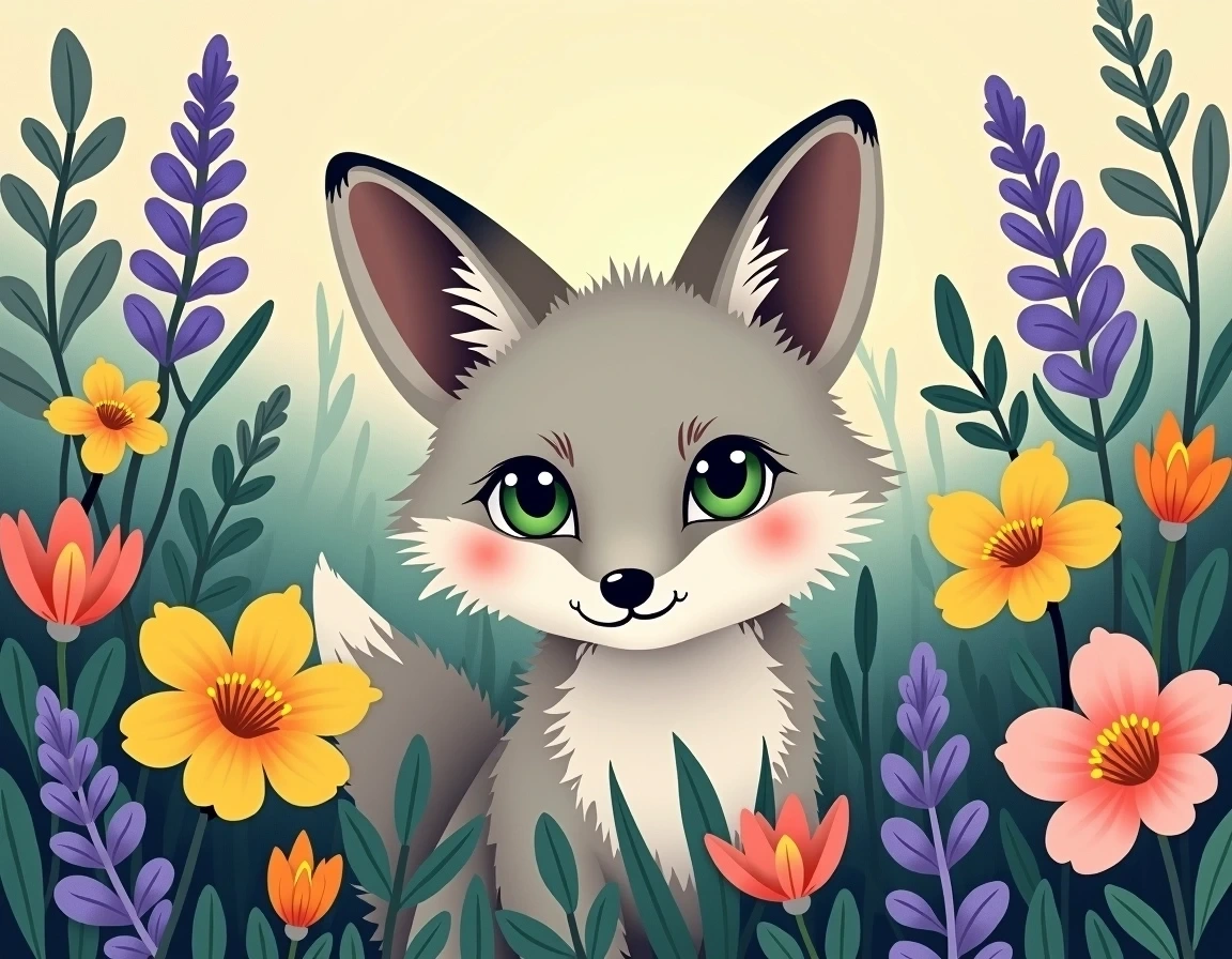 Create a Japanese ukiyo-e style image that showcases a light gray fox with bright green eyes and a playful expression, peeking through a lush, slightly blurred backdrop of multicolored wildflowers primarily in shades of purple, yellow, and soft pink. The wildflowers should be intricately detailed, demonstrating various patterns and textures, to highlight the fox’s face and create a whimsical, enchanting atmosphere.