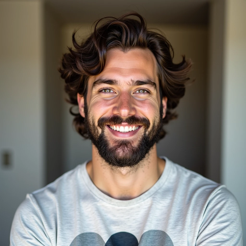Create an image featuring a young man with medium-length curly hair and a full beard, smiling and looking directly at the camera. He should be wearing a simple, light-colored t-shirt with a geometric pattern. The background should be a soft, neutral tone to keep the focus on him, and there should be a hint of a doorway visible in the background to add depth.