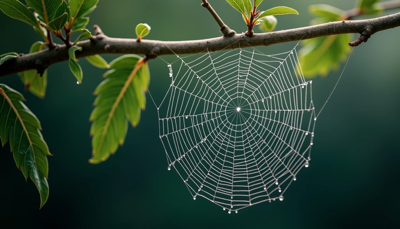 Create an image featuring a close-up of a delicate, intricate web suspended between two branches. The web should have small droplets of water glistening on it, illuminated by soft, diffused lighting. Change the background to a gradient of dark green tones to give a serene, natural feel. Instead of pine branches, use slender birch leaves framing the web, adding a touch of elegance. The overall composition should evoke a sense of tranquility and attention to detail, highlighting the beauty of nature.