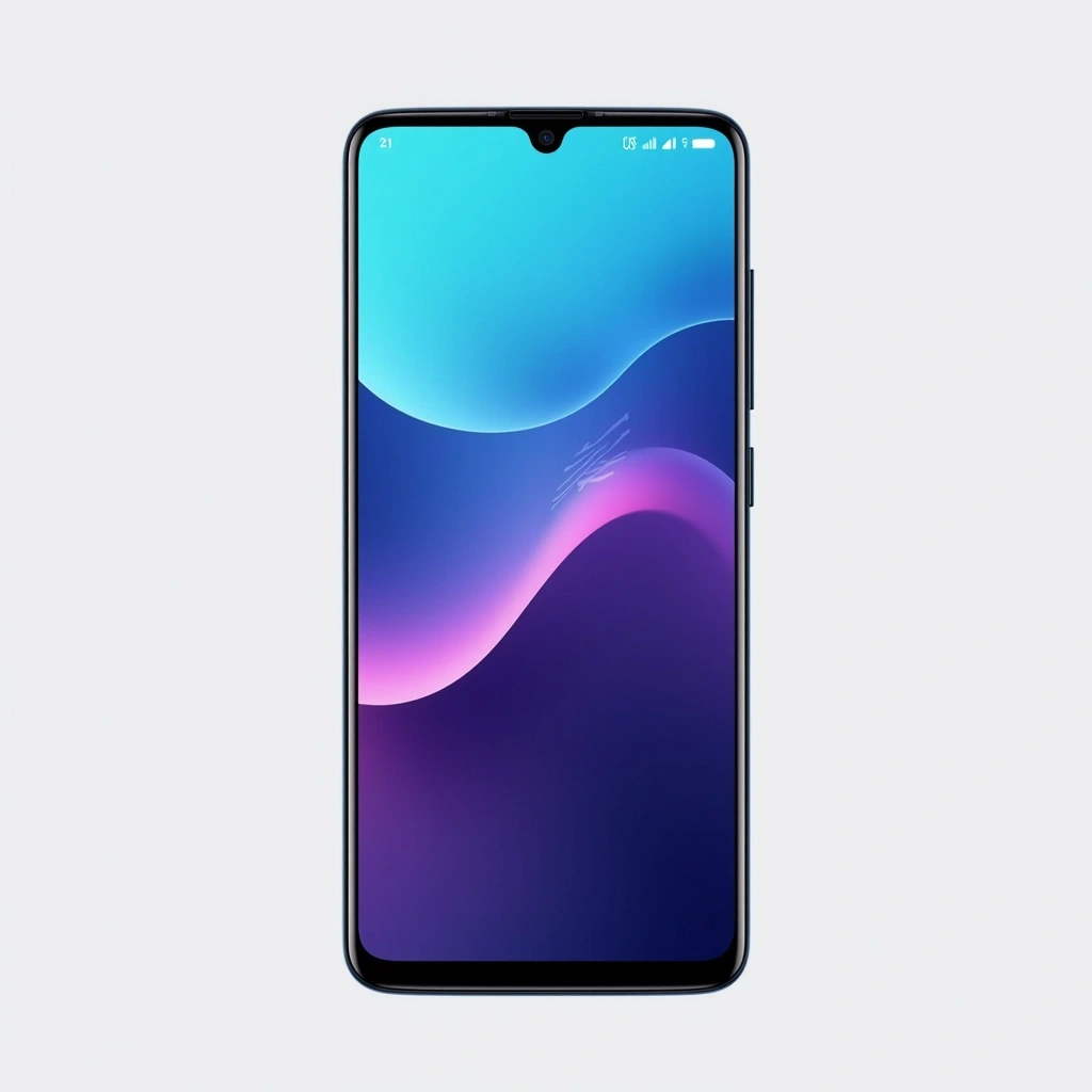 1. **Shape and Size**: Retain a sleek, elongated design, but add rounded corners for a softer look.
2. **Display**: Introduce a vibrant gradient background transitioning from blue to purple, replacing the existing smoother gradient with a more abstract wave pattern.
3. **Fingerprint Sensor**: Change the fingerprint icon to a simple circular design with lines radiating outward, suggesting connectivity instead of security.
4. **Camera Position**: Shift the front camera position to the top left corner instead of the center.
5. **Color Scheme**: Use a matte finish instead of glossy for the frame, opting for a deep charcoal color instead of black.
6. **Bottom Edge**: Add subtle grooves along the bottom edge for enhanced grip instead of a plain finish.