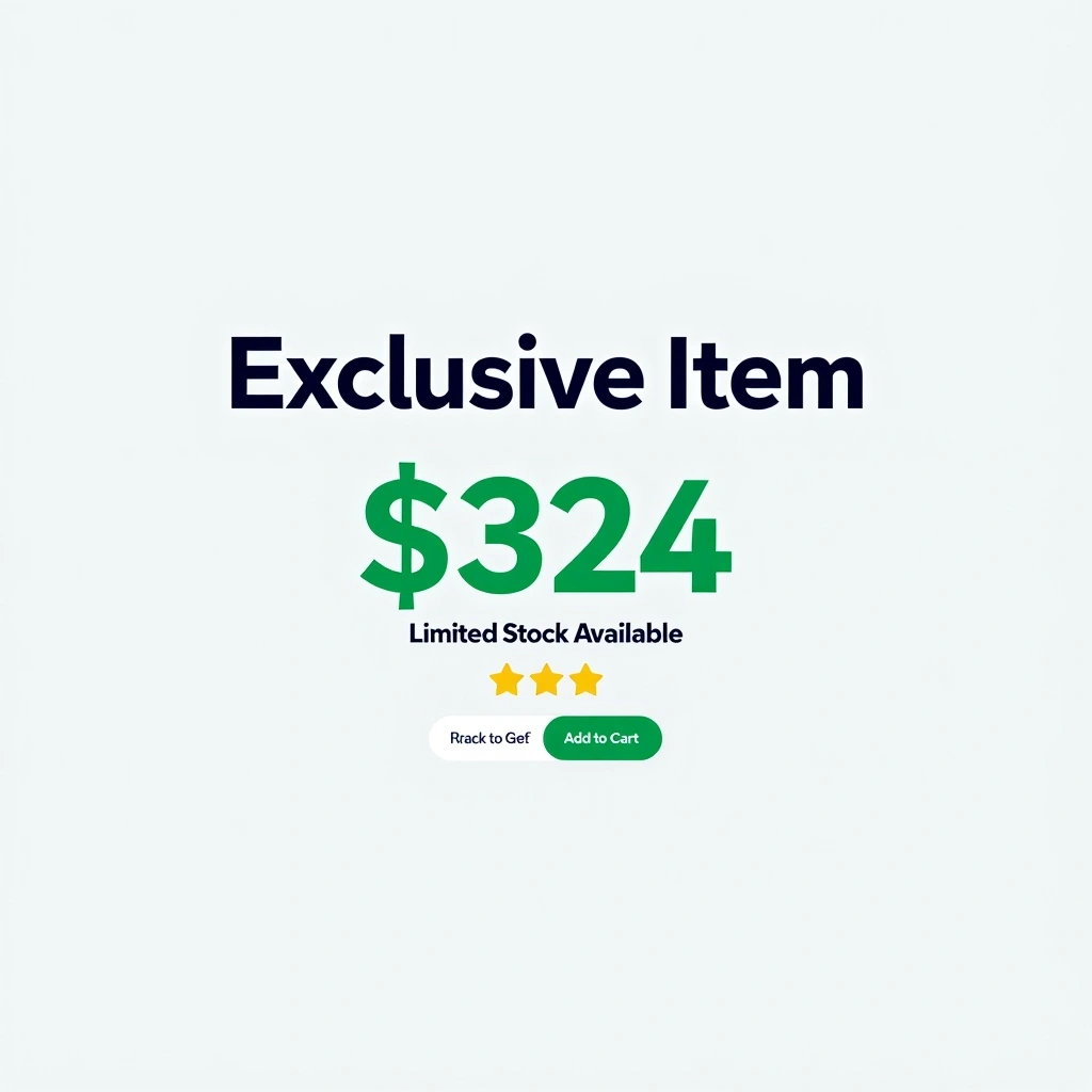 **Design Breakdown:**
1. **Color Scheme:**
- Background: Light gray
- Text: Dark blue
- Price Tag: Bold green
- Icon Accents: Bright yellow
2. **Text Elements:**
- Main Title: "Exclusive Item"
- Price Section: "$324" in large, bold font
- Subtitle: "Limited Stock Available" in smaller font below the title
3. **Icons:**
- Heart Icon: Changed to a star icon for favorites
- Comment Icon: Keep a chat bubble but in a different color
- Bookmark Icon: Alter to a flag icon for saves
- Share Icon: Change to a circular arrow
4. **Layout:**
- Centered alignment for the title and price for emphasis
- Icons positioned horizontally above the price section
- Add a subtle drop shadow to the text for depth
5. **Additional Elements:**
- A rating star graphic below the title
- A call-to-action button below the price: “Add to Cart” in contrasting color
This design maintains the layout but introduces a fresh visual style without brand references.