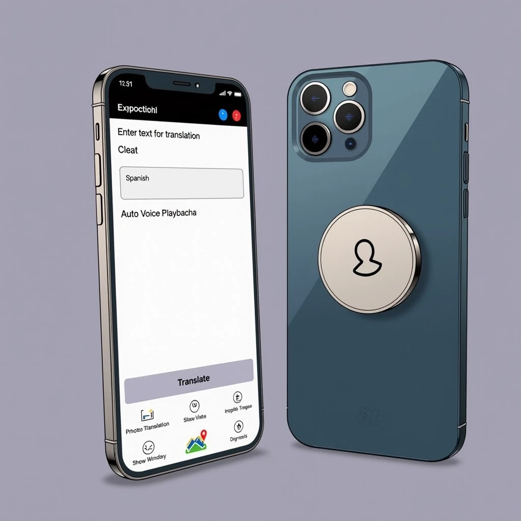 Create an illustration of a smartphone with a circular, magnetic attachment on the back. The phone screen should display a translation app interface with two language options (e.g., English and Spanish) at the top. Below, include a text input area labeled "Enter text for translation" and a "Translate" button. The app should have toggles for features like "Photo Translation," "Auto Voice Playback," and "Show Float Window."
Ensure the attachment design is distinct, with a simple logo in the center, and alter the color scheme of the phone to a gradient. The overall aesthetic should be sleek and modern, reflecting a tech-savvy vibe.