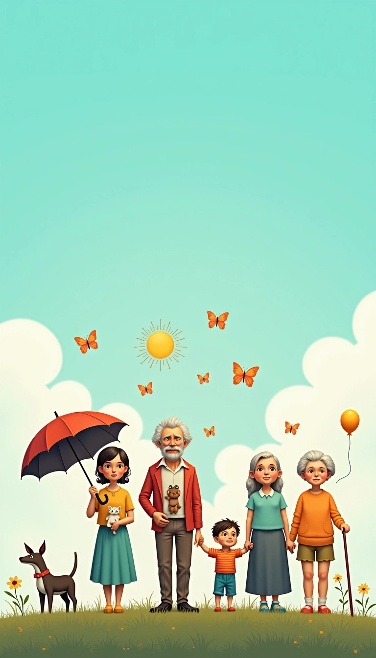 **Design Breakdown with Changes:**
- **Background:** Change the gradient to a bright blue sky with a few fluffy white clouds.
- **Main Characters:**
- **Character 1:** Replace the person with an umbrella and a book with a woman holding a kitten.
- **Character 2:** Modify the gloomy figure to be a person with a frown, wearing bright colors but appearing sad.
- **Character 3:** Alter the cheerful man to a person with a beaming smile, surrounded by butterflies instead of a flower halo.
- **Character 4:** Change the woman to a joyful person with a bouquet of flowers.
- **Additional Elements:**
- Replace the crying baby with a laughing child holding a balloon.
- Remove the rain cloud and instead add a sunny sun above the cheerful figure.
- Change the older figures to appear cheerful, perhaps one with a walking cane and a smiling facial expression.
- **Overall Mood:** Shift from a somber tone to a positive and uplifting atmosphere, emphasizing joy and connection.