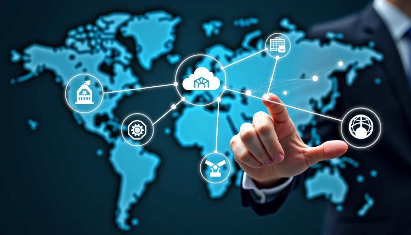 **Prompt:**
Design an image featuring a person interacting with a digital interface that displays various interconnected icons representing different facets of technology and industry.
1. **Background:** Use a gradient of deep blue to light blue, suggesting a high-tech environment.
2. **Geographic Map:** Incorporate a simplified, abstract world map in the background, displayed in a muted tone to keep it subtle.
3. **Hand Gesture:** Show a hand reaching out to a touchscreen interface, emphasizing interaction.
4. **Icons:**
- Replace the factory icon with a stylized data center symbol.
- Change the robot arm icon to a cloud symbol representing cloud computing.
- Use a gear icon to signify machinery but modify it to show a digital circuit pattern.
- Include a globe icon as it represents connectivity, but alter its design to be more abstract and composed of lines and nodes.
- Feature an icon representing virtual reality instead of the worker icon.
5. **Connection Lines:** Use bright, glowing lines to connect the icons, indicating a network or flow of information.
6. **No Brand References:** Ensure all elements are generic without any logos or specific brand names.
This design should evoke a sense of innovation and connectivity in the modern technological landscape.