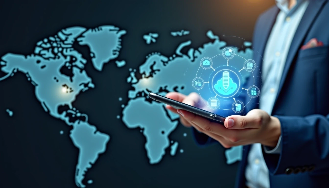 Create an image of a person using a sleek touchscreen device that displays a network of interconnected icons related to smart technology. Instead of a factory symbol, use an abstract symbol representing innovation, such as a light bulb or circuit design. Replace the industrial icons with symbols depicting digital connectivity, like cloud services or data analytics. The background should feature a stylized map, suggesting a global reach, rendered in cool colors like blue and gray to convey a modern, tech-savvy atmosphere.