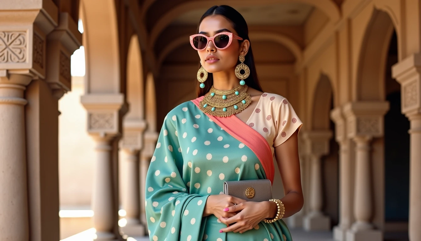 Create an image featuring a model wearing an elegant, traditional saree with a fresh twist. The saree should have a teal base with white geometric patterns and a contrasting coral border. The blouse should be short-sleeved in a pale peach shade with subtle polka dots.
Accessorize with chunky gold jewelry, including oversized earrings and a statement necklace that incorporates turquoise stones. The model should carry a modern, sleek silver clutch and wear stylish oversized sunglasses.
The background should showcase an ornate architectural setting with warm, earthy tones, enhancing the elegance of the outfit.
