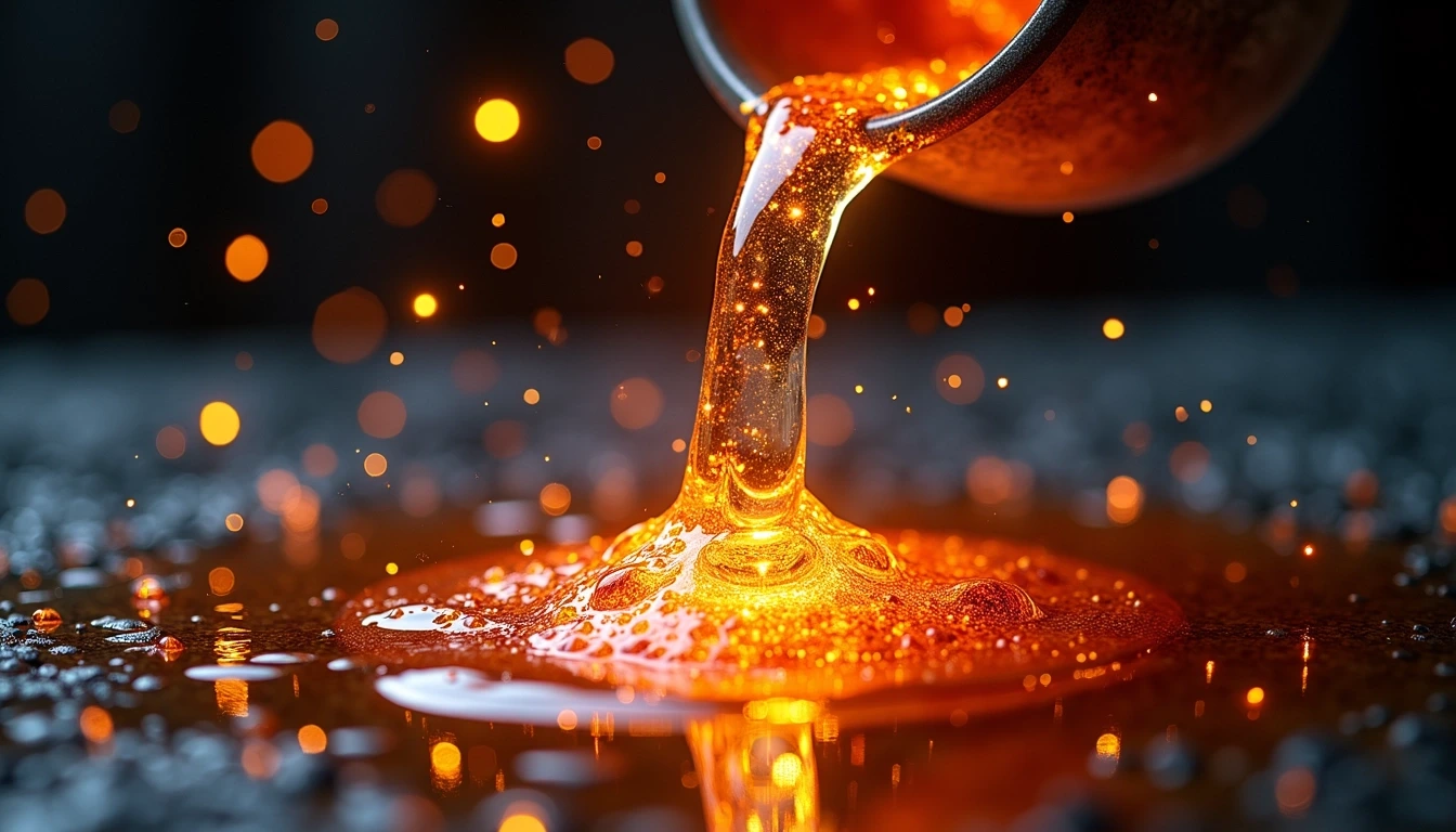 Create an image of a shimmering liquid pouring from a vessel onto a dark, textured surface. The liquid should have a rich, vibrant color, like molten copper, and be illuminated by glowing particles that scatter around, creating a magical effect. The focus should be on the dynamic flow of the liquid and the interplay of light and shadow, giving a sense of depth and movement. Remove any brand references and ensure the background is abstract, emphasizing the liquid's mesmerizing properties.