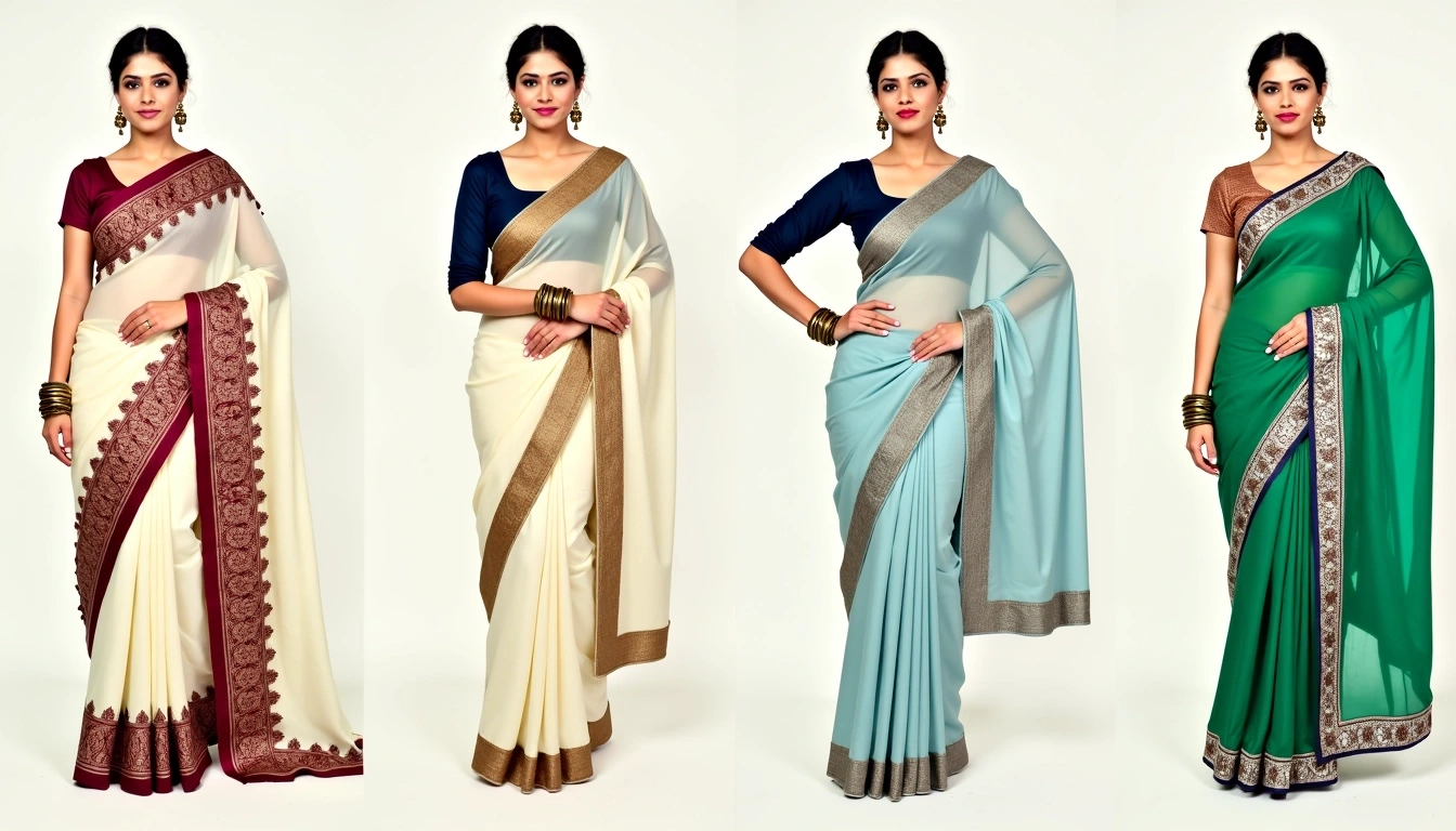 **Design Breakdown:**
- **Saree Base Color:** Cream/Off-white with a subtle texture.
- **Saree Border:** Wide maroon border with intricate gold embroidery featuring floral motifs.
- **Pallu (Draped Section):** Heavy, decorative pallu in a contrasting gold color with a paisley design.
- **Blouse Style:** Short-sleeved blouse in deep blue with a simple neckline.
- **Accessories:** Statement earrings in a geometric design and bold bangles in gold.
- **Pose:** The model stands confidently with one hand on her hip and a slight smile.
**Modifications:**
- Change the saree base color to light blue.
- Alter the border to a vibrant green with silver embroidery.
- Modify the blouse to a long-sleeve style with a boat neckline.
- Use different, more subtle jewelry to complement the fresh color palette.
