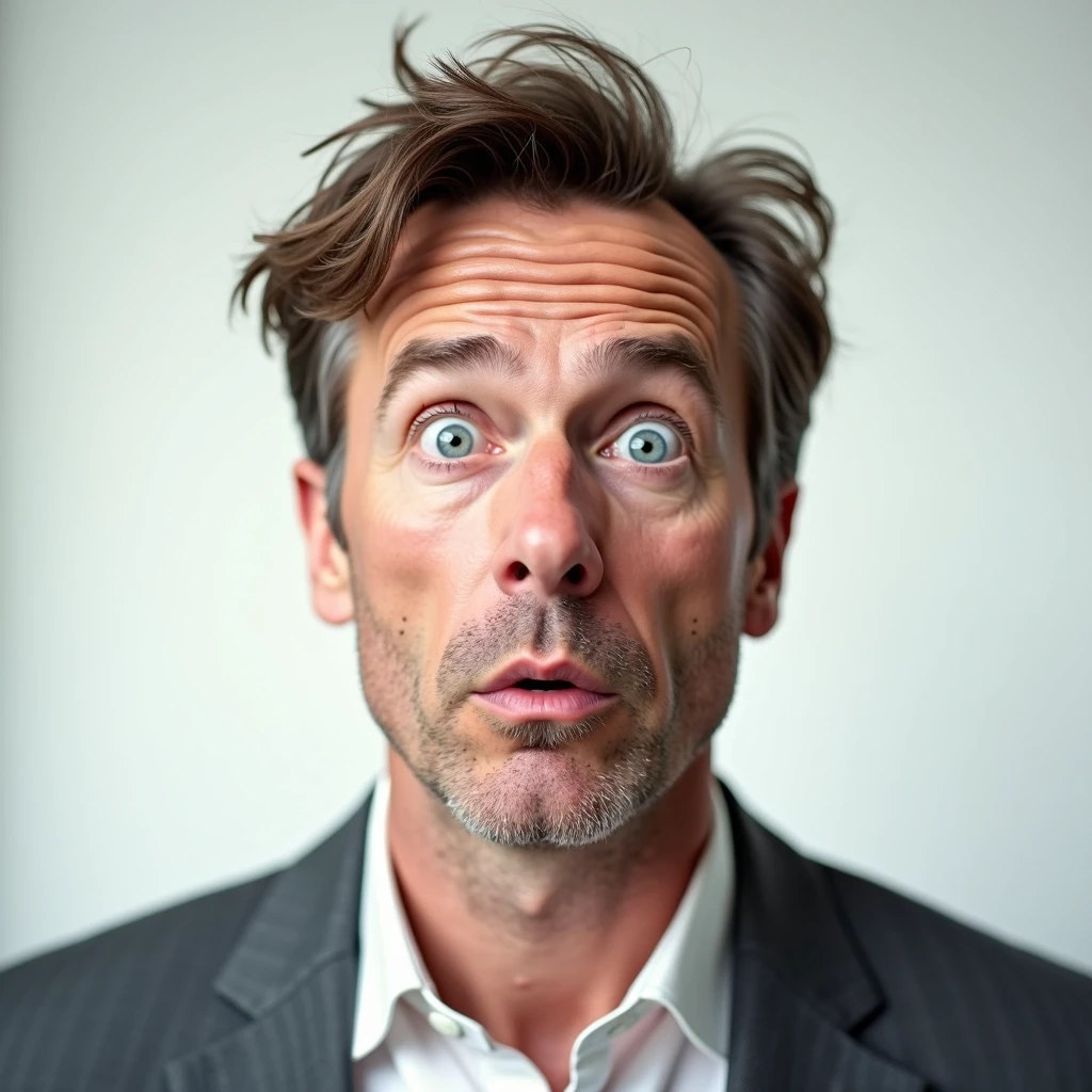 Create an image of a middle-aged man with slightly messy brown hair, wide blue eyes, and a surprised expression. He should be wearing a simple gray blazer over a white shirt. The background should be a soft gradient of light colors, emphasizing his face without brand references. The overall mood of the image should convey curiosity and surprise.