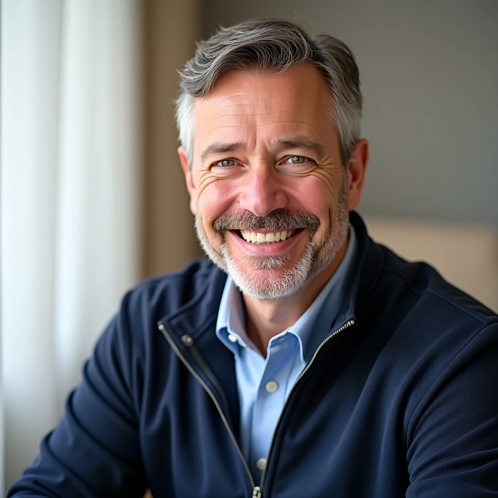 Create an image featuring a middle-aged man with a warm smile. He has short, slightly wavy hair with hints of gray and is wearing a casual navy blue zip-up jacket over a light blue shirt. The background should consist of soft, light-colored drapery that adds a serene and inviting feel to the composition. The man should be positioned closer to the center, exuding a friendly and approachable demeanor.