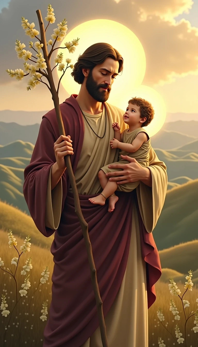 Create an image featuring a wise-looking Saint Joseph with short hair and a halo around his head. He holds a long stick from which jasmine flowers branch out in one hand, while cradling Baby Jesus in the other. Both Saint Joseph and Baby Jesus should be dressed in simple, flowing robes with a mix of earth tones, with Baby Jesus also in a playful outfit. The background should be replaced with a serene landscape of rolling hills and a bright sun shining overhead. Add a soft halo around both Saint Joseph and Baby Jesus, enhancing the overall warmth of the scene.