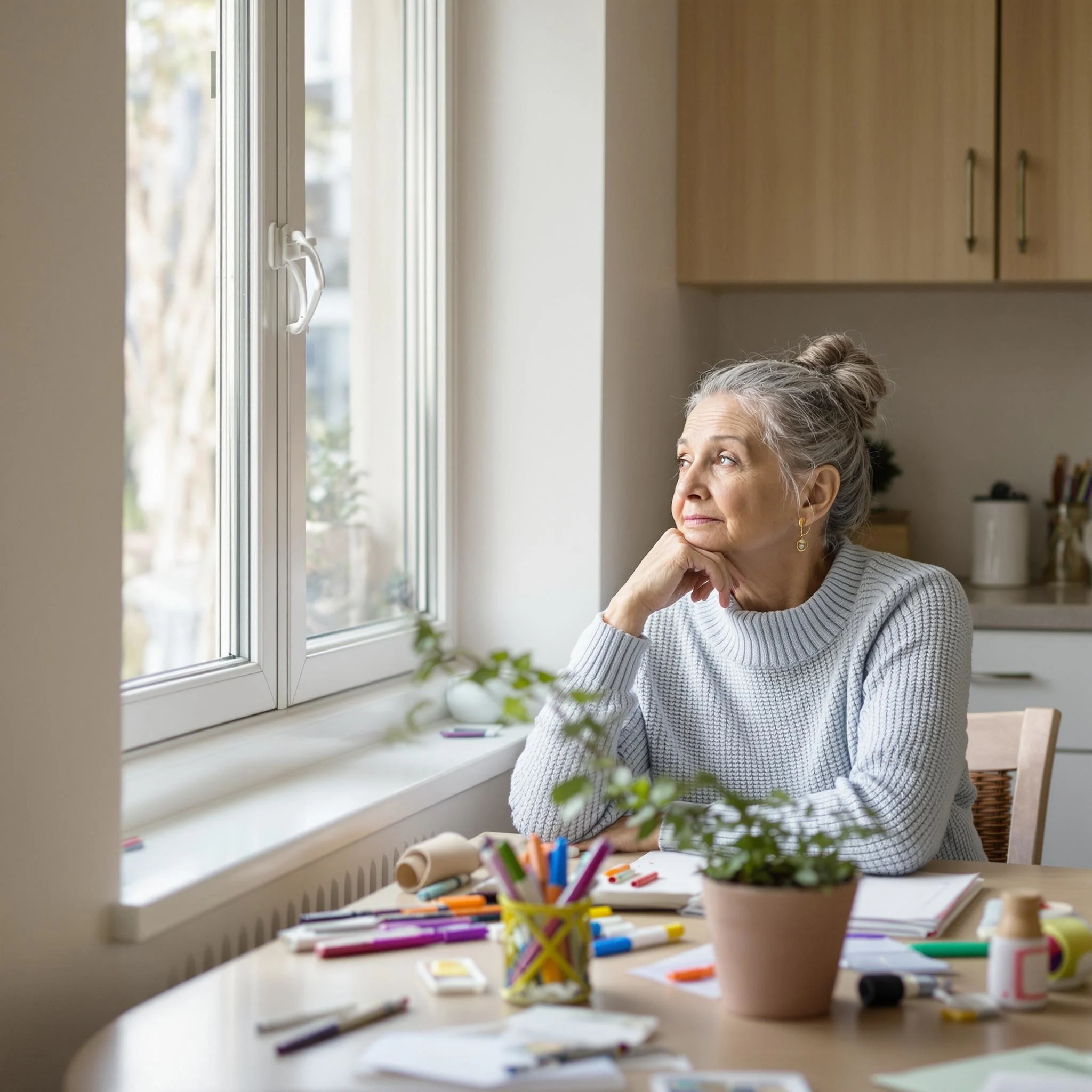 **Prompt:**
Create an image featuring a contemplative elderly woman sitting alone at a dining table. She has gray hair tied in a loose bun and is wearing a light blue sweater. Instead of looking sad, she gazes thoughtfully out of a large window, with soft afternoon light illuminating her face. The table is slightly cluttered with colorful craft supplies, such as markers and paper, suggesting a creative hobby. A potted plant is placed on the table, adding a touch of greenery to the scene. The background is a cozy, well-lit kitchen, enhancing a warm and reflective atmosphere.