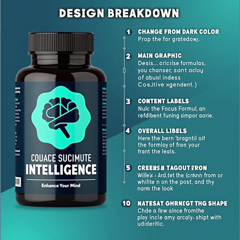 **Design Breakdown:**
1. **Background Color:** Change from dark blue to a gradient of teal and light blue.
2. **Main Graphic:** Replace the brain graphic with an abstract geometric shape to represent intelligence.
3. **Text Style:** Use a modern sans-serif font instead of the existing font; maintain a prominent size for the product name but make it bold and white.
4. **Hexagon Elements:** Retain the hexagonal shapes, but modify their color to a darker shade of teal.
5. **Content Labels:** Use generic terms like "Focus Formula" and "Cognitive Support" instead of specific ingredients, placed above the name.
6. **Overall Layout:** Keep the layout symmetrical, but increase the spacing between elements for a cleaner look.
7. **Highlight Circle:** Change the highlight shape from hexagonal to circular for the focus areas.
8. **Bottom Tagline:** Include a tagline such as “Enhance Your Mind” in a smaller, italicized font beneath the product name.
9. **Remove Branding:** Ensure there are no brand names or logos present in any part of the design.
10. **Packaging Shape:** Change the packaging from a rectangular box to a sleek, rounded bottle design with a cap.
This revised prompt creates an original product concept while keeping core design elements recognizable.