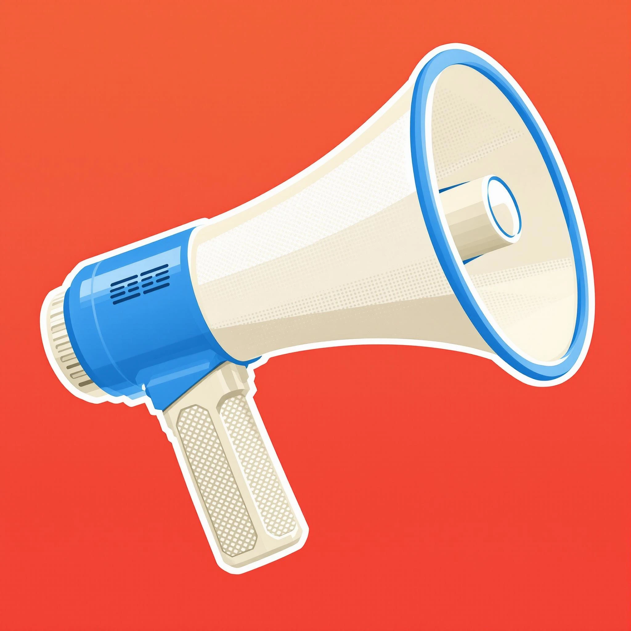 Design a graphic of a megaphone with the following features:
1. **Color Scheme**: Use a bright blue and white instead of red and cream.
2. **Shape**: Make the megaphone more angular and geometric rather than rounded.
3. **Handle**: Add a textured grip to the handle for a modern look.
4. **Sound Emitter**: Incorporate an additional speaker mesh detail on the front.
5. **Background**: Opt for a subtle gradient instead of a solid color to add depth.
Ensure there are no brand logos or identifiable features.