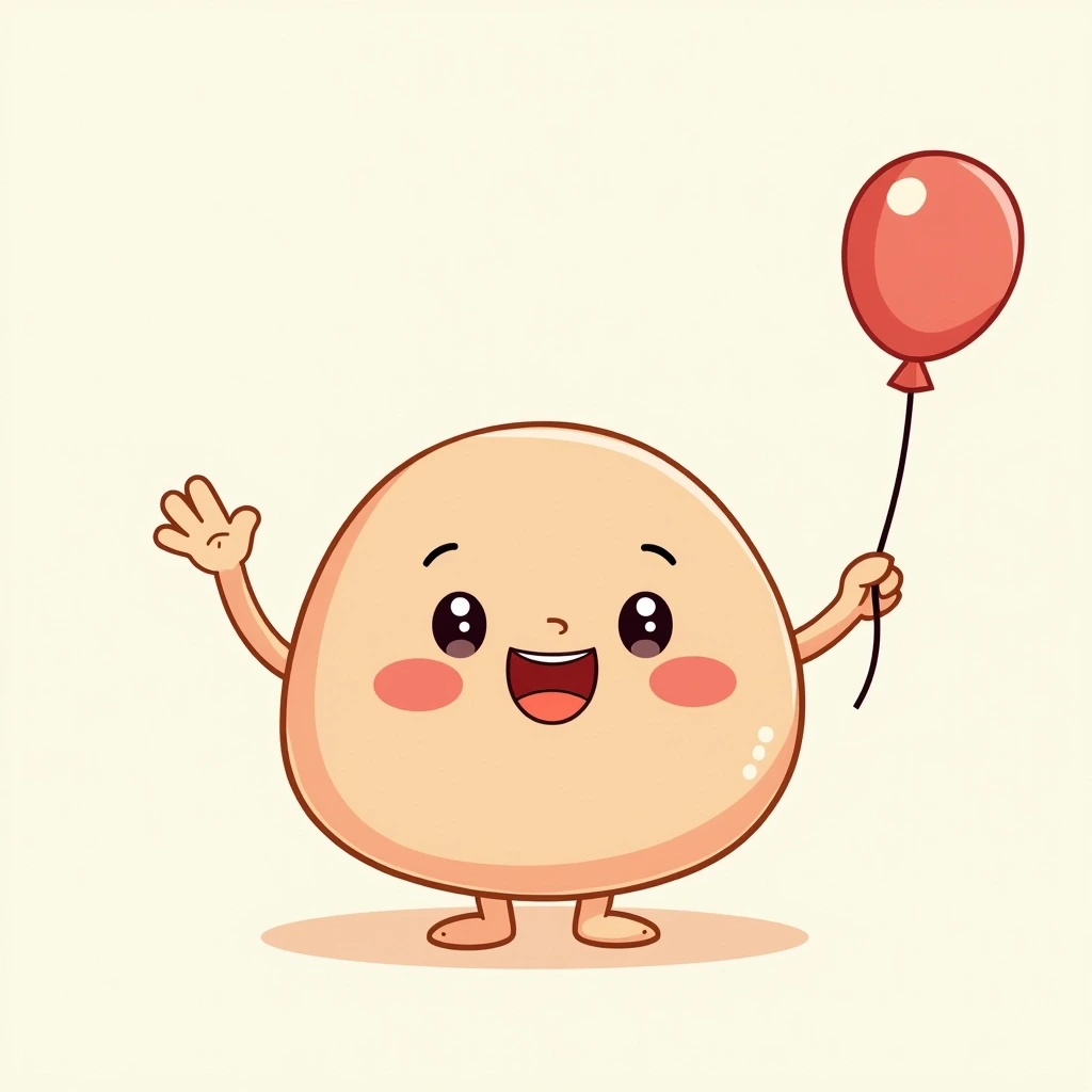 Create a cheerful doodle of a round character with a smooth, light peach-colored body. The character should have wide, closed eyes and a big, open mouth showing happiness. It should have rosy cheeks and be waving enthusiastically with one arm raised. In its other hand, replace the original object with a playful balloon. Keep the overall style simple and cartoonish, ensuring the character exudes joy and positivity.