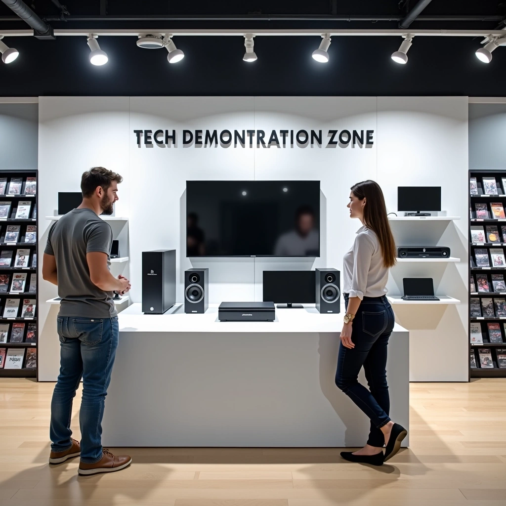 Design Breakdown:
1. **Setting**: The image is set in a retail electronics store, showcasing a demonstration area.
2. **Display Stand**: Replace the current branding with a neutral color scheme. The stand can be in a light gray with a sleek, modern design to give it a contemporary feel.
3. **Products**: Instead of featuring specific electronic brands, use generic silhouettes of devices, such as a television or speaker systems, represented through neutral shapes.
4. **Lighting**: Ensure the lighting is bright and even, focusing on the display area to highlight the products.
5. **Customers**: Change the attire of the individuals to casual clothing. The man could be in a plain t-shirt and jeans, and the woman could wear a simple blouse and slacks.
6. **Text Elements**: Remove any brand names and replace with generic descriptions like "Tech Demonstration Zone" or "Explore Our Gadgets".
7. **Background**: Simplify the background shelving to display general products like DVDs, games, or accessories without specific brand references.
This redesigned setup should create a clean, inviting atmosphere for consumers exploring technology.