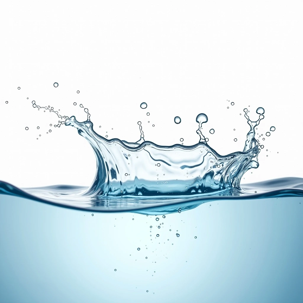 Create an image featuring a splash of clear water generating an artistic wave. Change the backdrop to a soft gradient from light blue at the bottom to white at the top. Alter the water splash to have more defined, sharper peaks and valleys. Incorporate a few larger droplets suspended mid-air, sparkling with hints of light reflection. Ensure there are no brand references or text in the image.