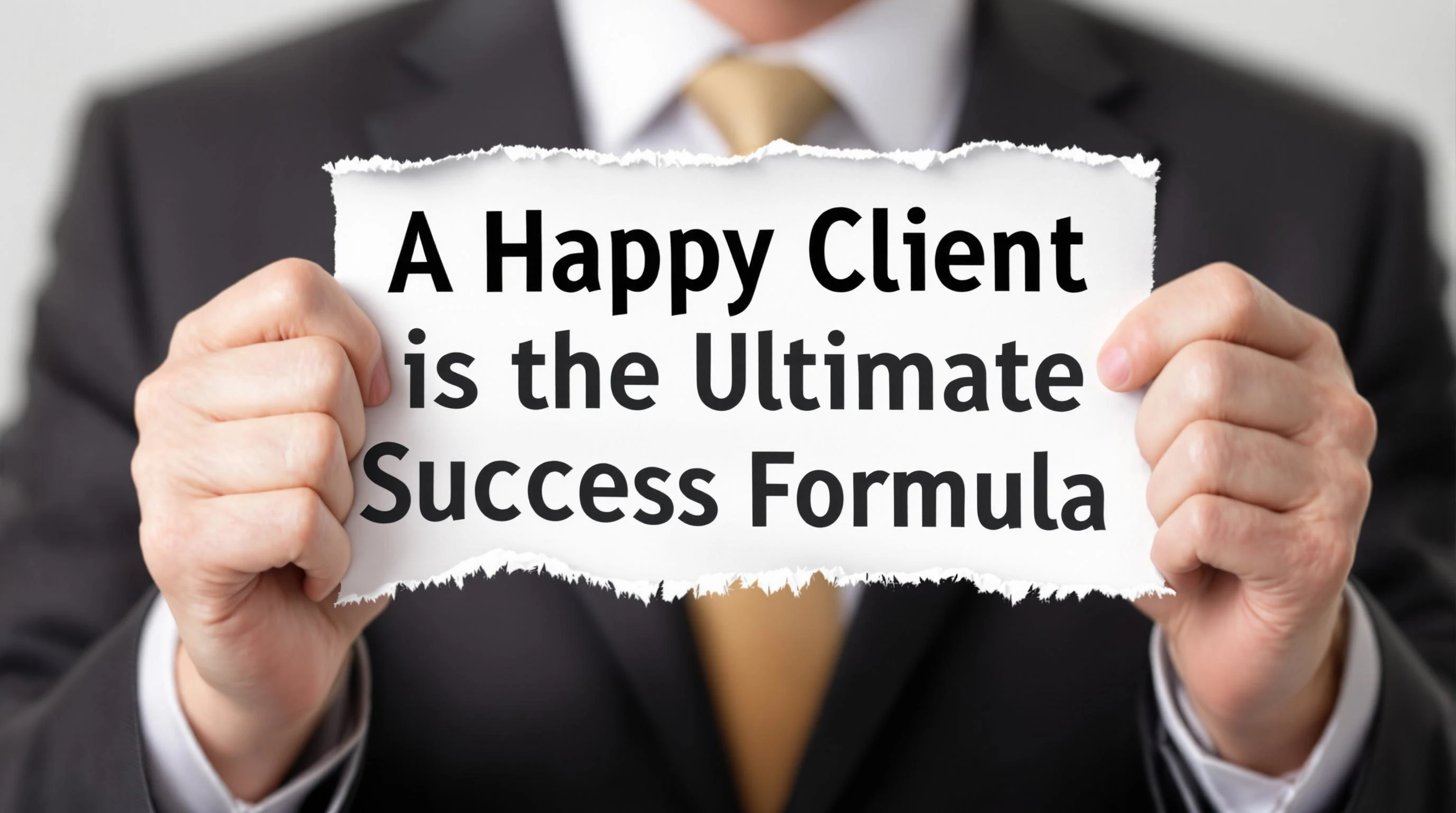Design a visual where a person in formal attire holds a torn piece of paper. The text on the paper reads: "A Happy Client is the Ultimate Success Formula." The background should be neutral and blurred to keep the focus on the individual and the message. Ensure the text is bold and prominent, and the paper's edges have a slightly frayed look for emphasis.