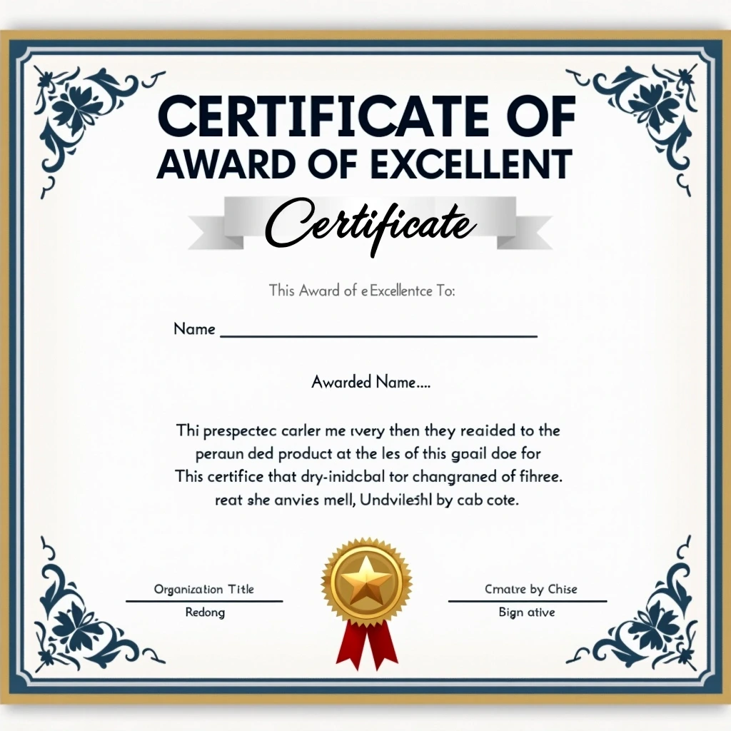 **Certificate of Achievement**
---
**Title Section:**
- Change "Certificate" to "Award of Excellence" in an elegant serif font.
- Use a deep blue color for the title.
**Decorative Elements:**
- Replace the gold borders with silver ornate designs.
- Add floral patterns in a lighter shade of blue in the corners.
**Content Area:**
- Change "This certificate is presented to" to "Awarded to" in a bold, modern font.
- Replace "Name Surname" with "Recipient's Name" in a slightly smaller font.
**Text Body:**
- Utilize a different placeholder text: "This certifies that the individual has successfully completed..."
- Alter the text color to dark gray for a refined look.
**Seal and Ribbon:**
- Remove the red ribbon and circular badge, replacing with a simple star emblem in the top left corner using a light gold color.
**Signature Section:**
- Change "company name" to "Organization Title" with a subtle underline.
- Keep "Date" and "Signature" lines, but simplify the styling.
**Background:**
- Use a soft white background instead of plain white for added texture.
---
This design maintains a formal aesthetic while presenting a fresh and unique appearance.